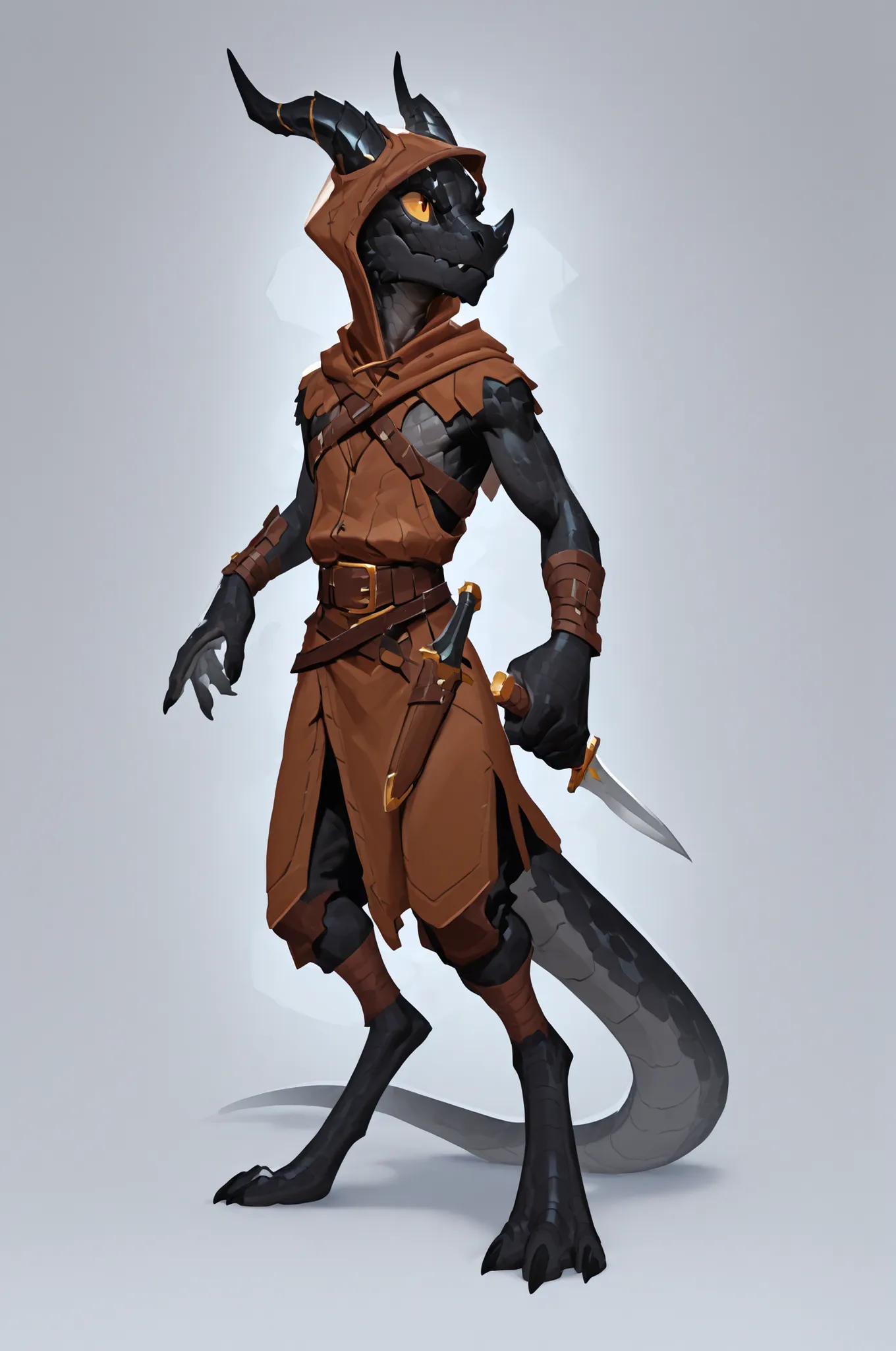 kobold, black scales, hood, brown rogue clothes, great horns, fullbody art, solo, lean, holding two dagger,