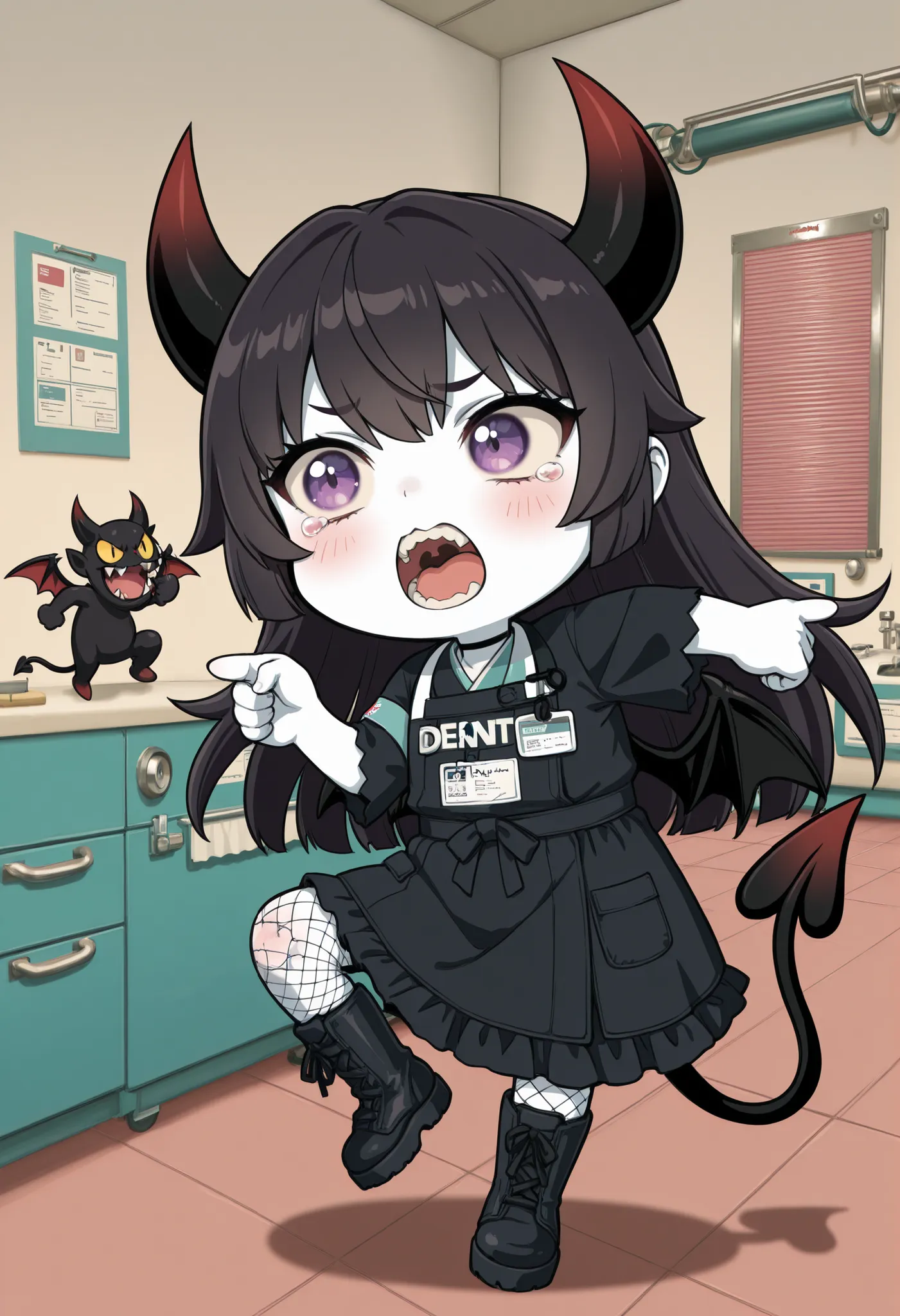 かわいいcatの, genba _cat,chibi, Pointing, standing on one leg, :3, open mouth, meme,  parody in hin, (masterpiece:1.3), 8K, best quality, ultra high resolution, (wide open mouth), (Little devil with open mouth:1.3), (Dentist examining teeth:1.3), (blood comes ...