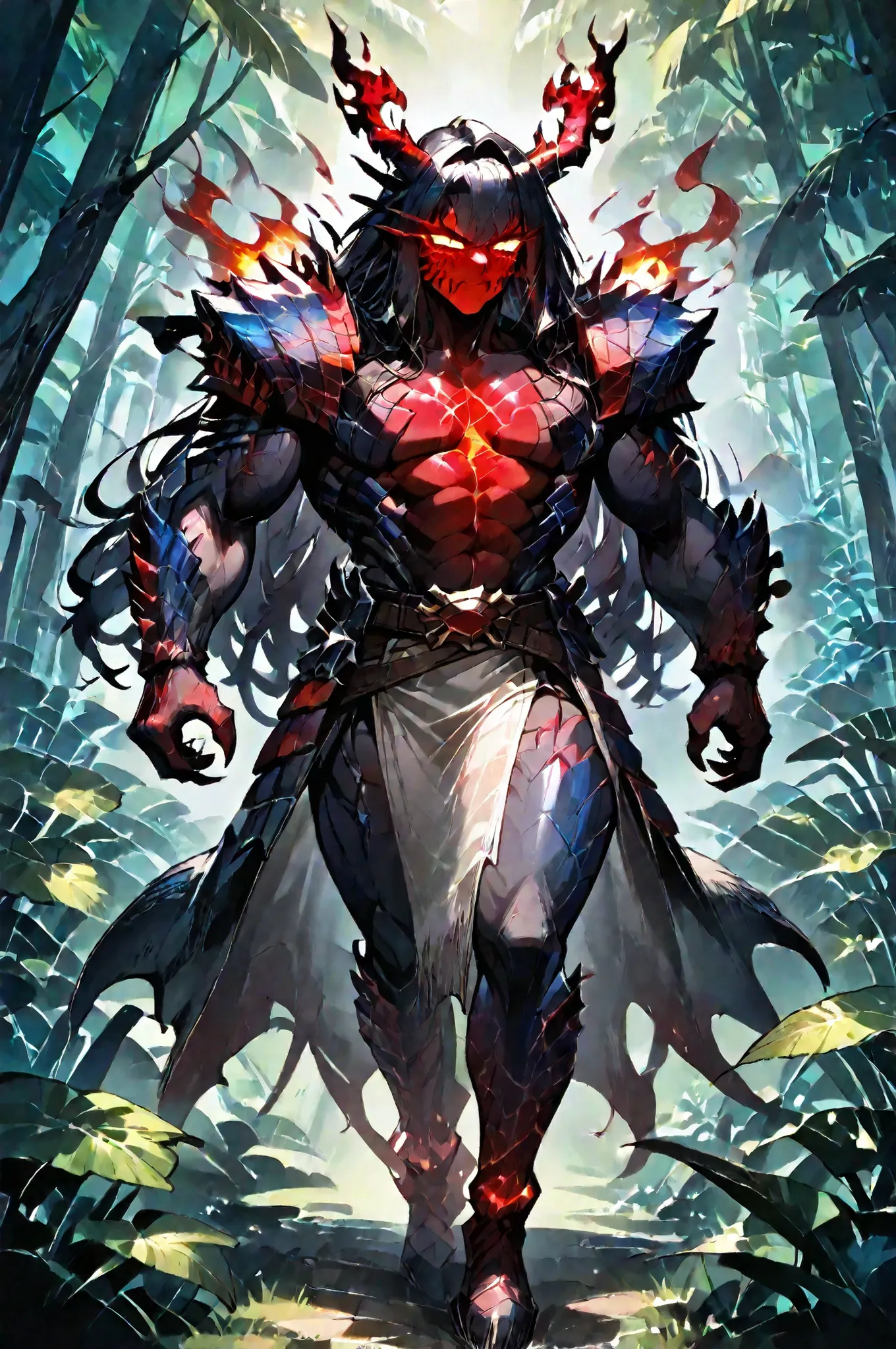 masterpiece, best quality, amazing quality, very aesthetic, a red spirit-moth, translucent glowing, fantasy theme, full body fan art, amazing tropical forest background, depth of field