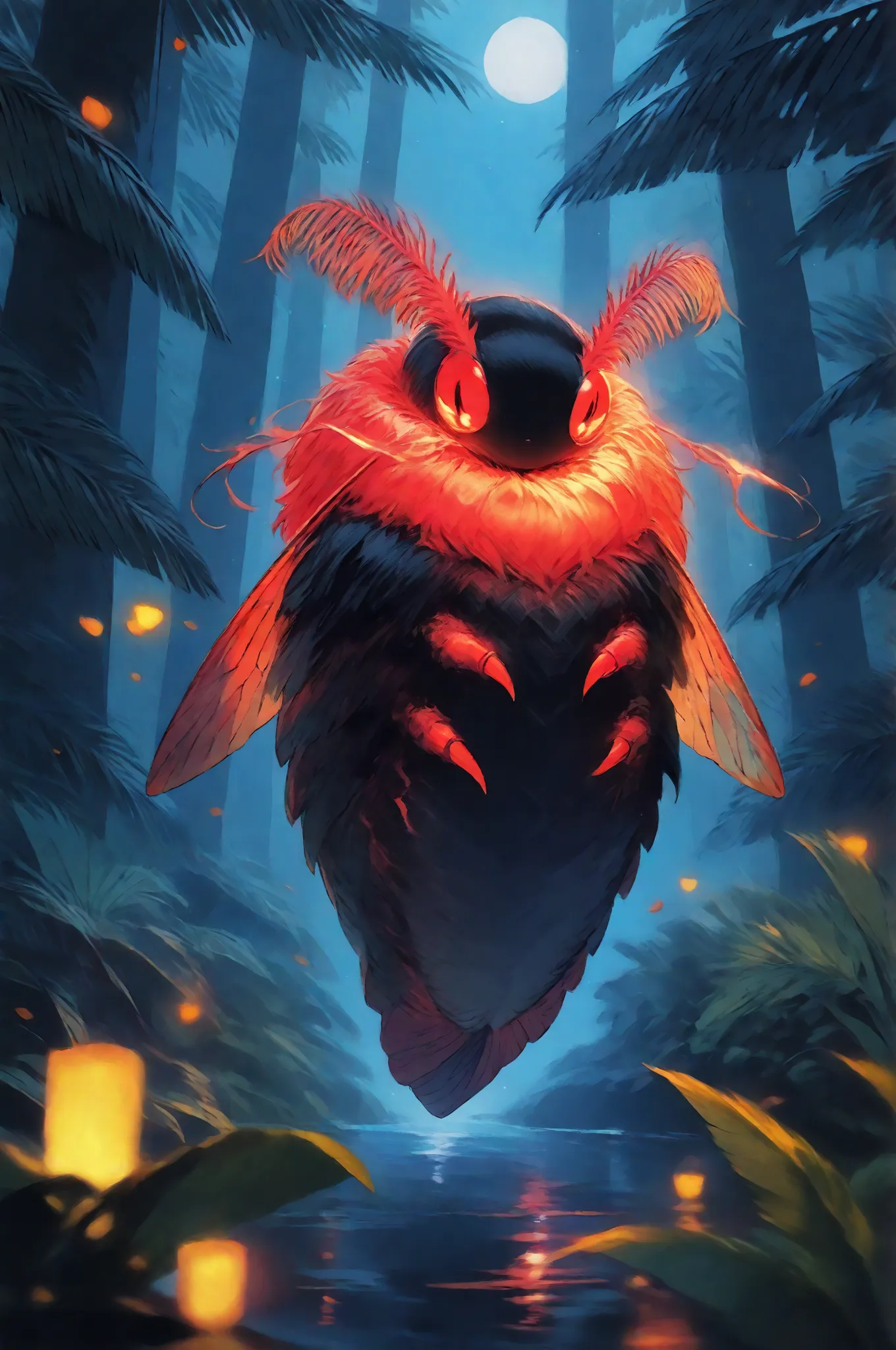 masterpiece, best quality, amazing quality, very aesthetic, a red dark spirit-moth, translucent glowing, fantasy theme, full body fan art, amazing tropical forest background, depth of field