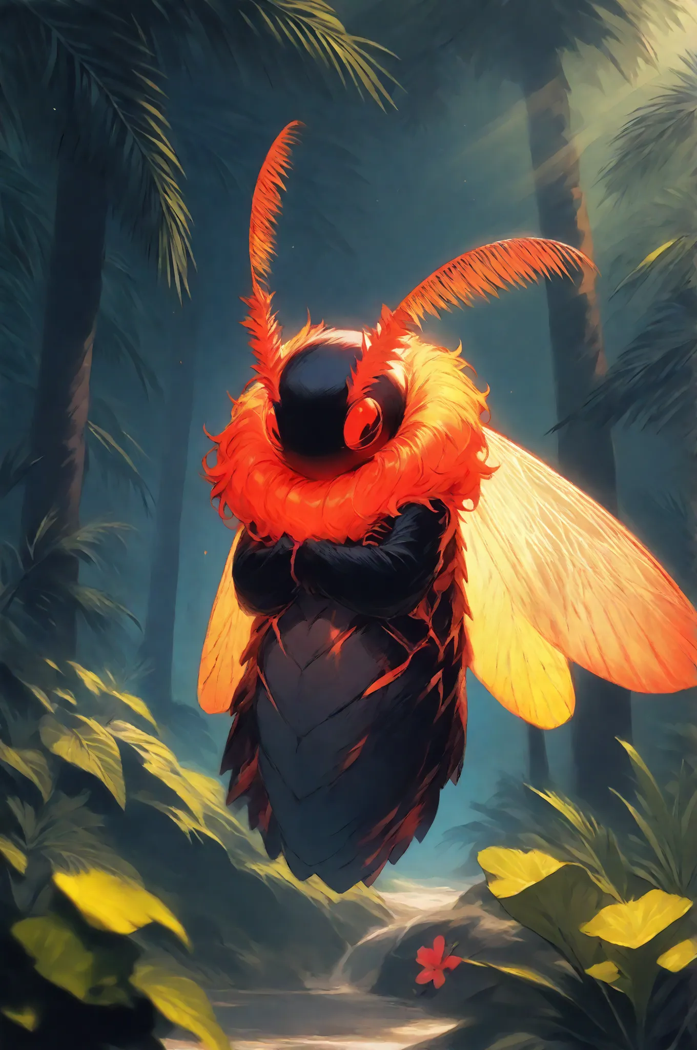 masterpiece, best quality, amazing quality, very aesthetic, a red dark spirit-moth, translucent glowing, fantasy theme, full body fan art, amazing tropical forest background, depth of field