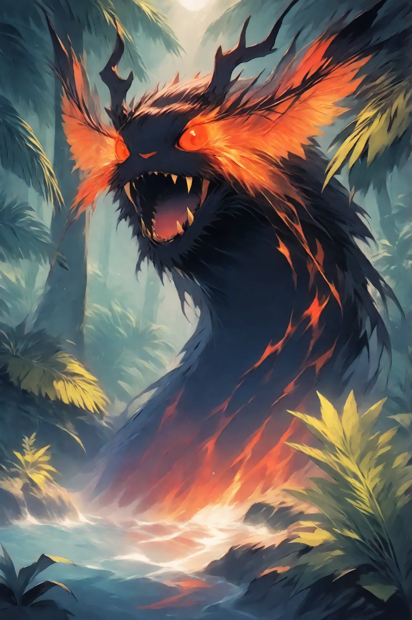 masterpiece, best quality, amazing quality, very aesthetic, a male red spirit-moth, translucent glowing, fantasy theme, full body fan art, amazing tropical forest background, depth of field