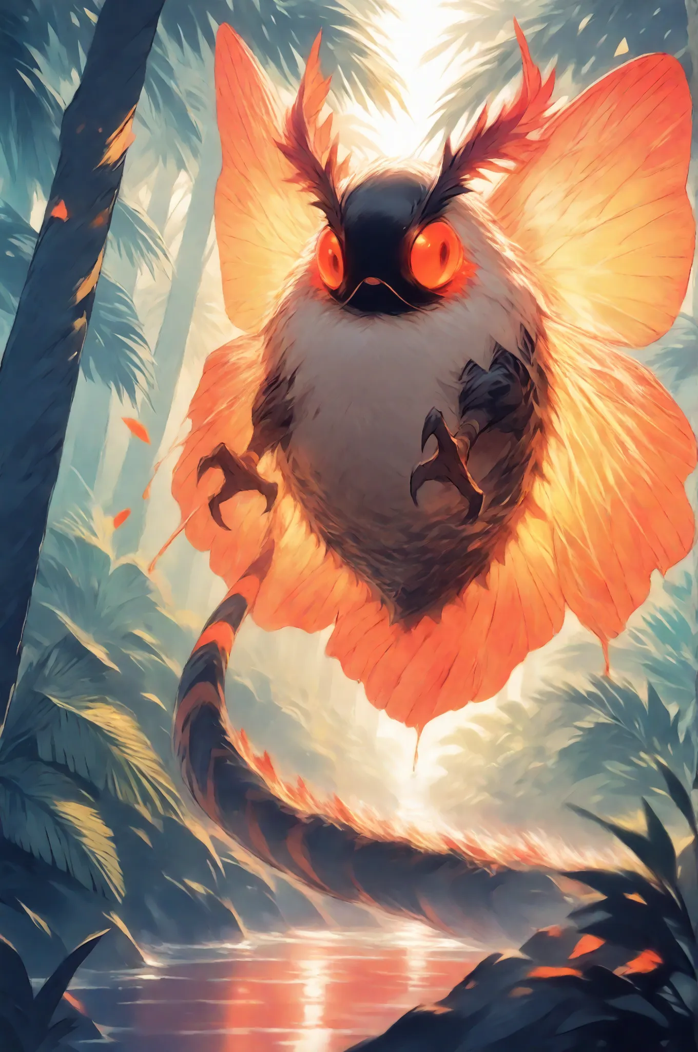 masterpiece, best quality, amazing quality, very aesthetic, a male red spirit-moth, translucent glowing, fantasy theme, full body fan art, amazing tropical forest background, depth of field