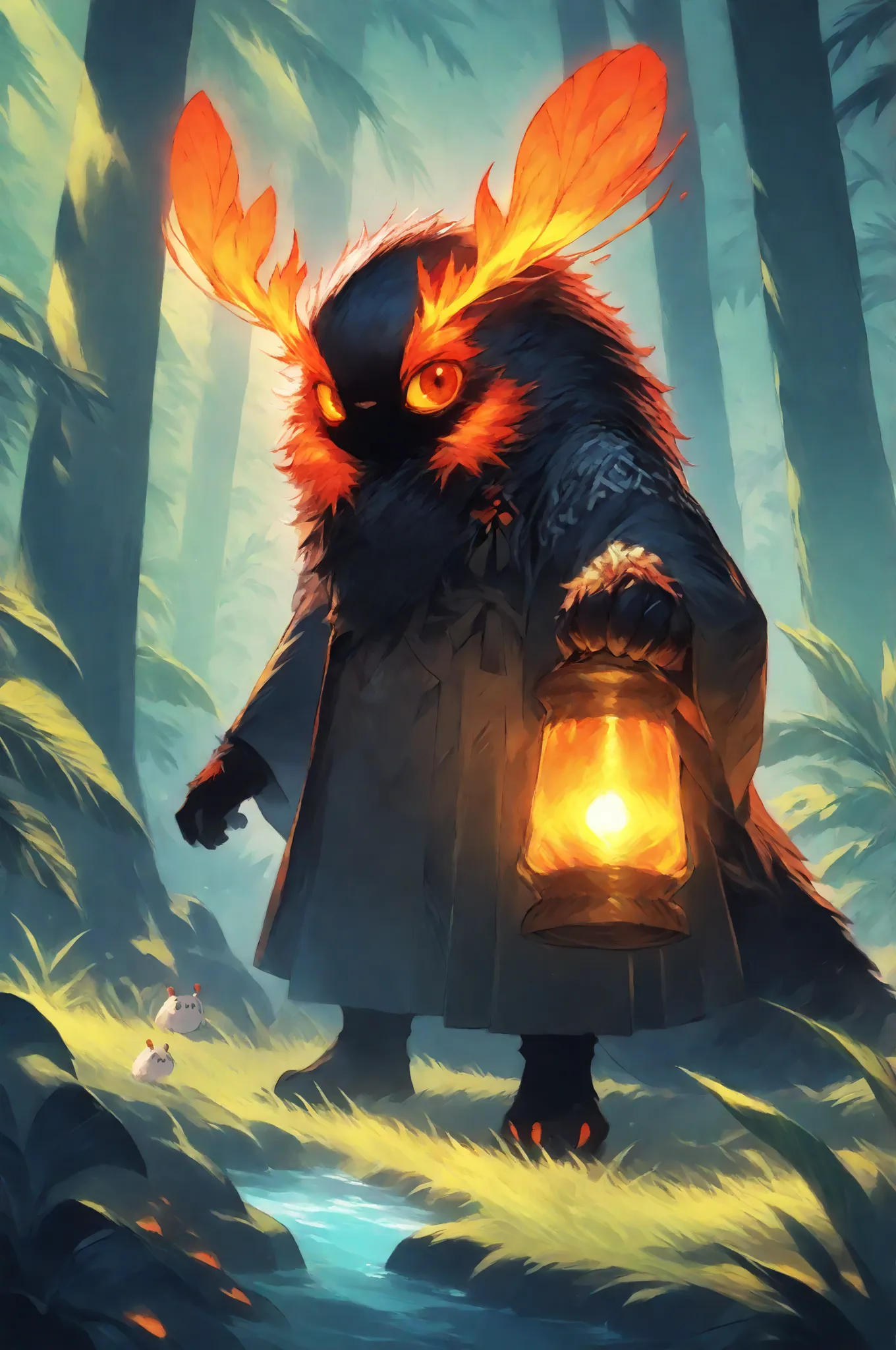 masterpiece, best quality, amazing quality, very aesthetic, a male red spirit-moth, translucent glowing, fantasy theme, full body fan art, amazing tropical forest background, depth of field