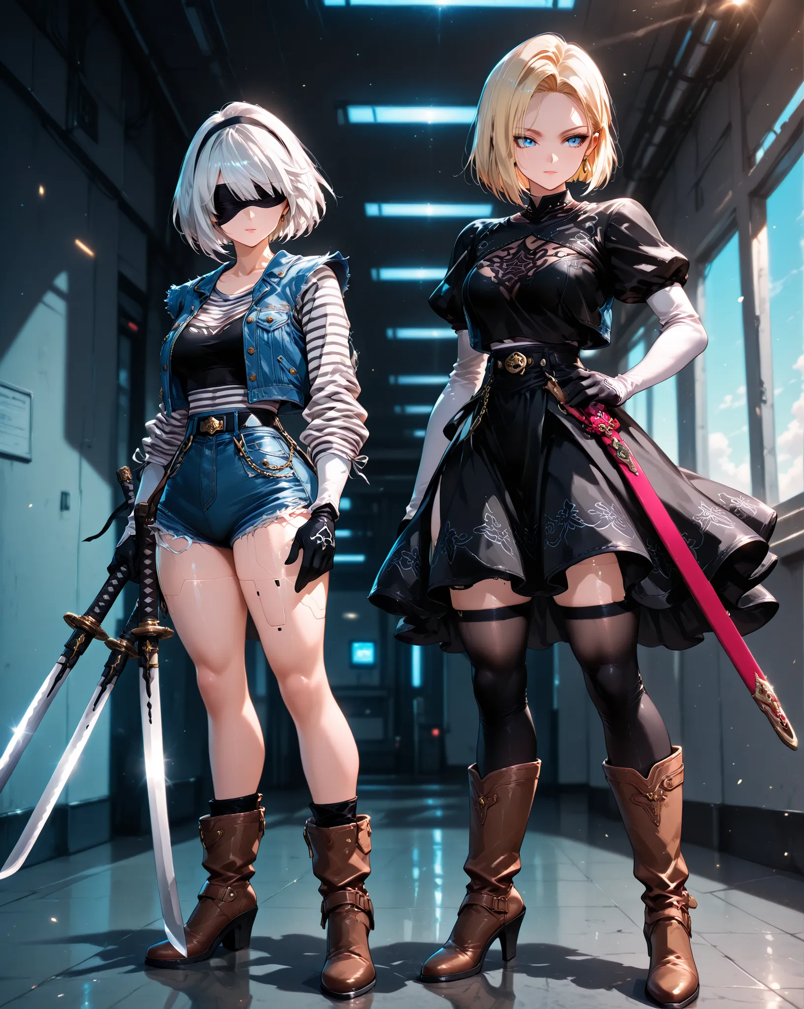 A highly detailed anime-style illustration of two iconic androids side by side. On the left, Dragon Ball's Android 18 wears 2B's iconic black gothic combat outfit, including the blindfolded visor, high heels, and short black skirt with white embroidery, he...