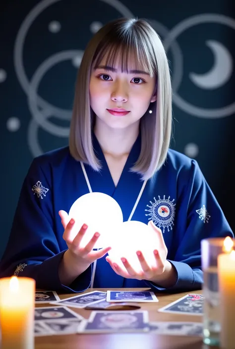  and a mysterious and beautiful illustration of a girl who is a fortune teller 。 long silver hair is drawn to flow 、Her eyes are mysterious purple 。 wears a robe with stars and crescent patterns 、wearing silver accessories with delicate designs。 The girl's...