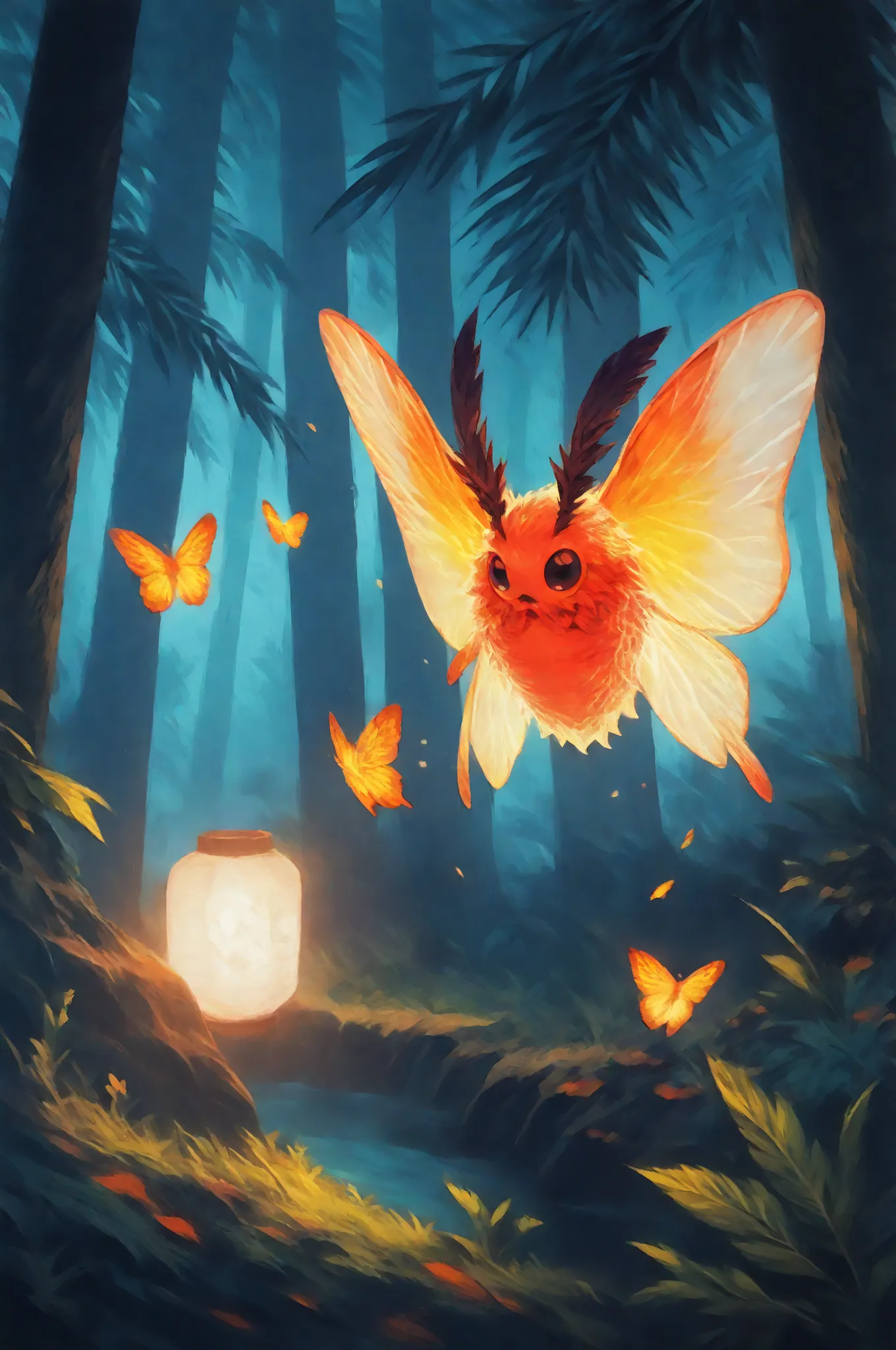 masterpiece, best quality, amazing quality, very aesthetic, a male red spirit-moth, translucent glowing, fantasy theme, full body fan art, amazing tropical forest background, depth of field