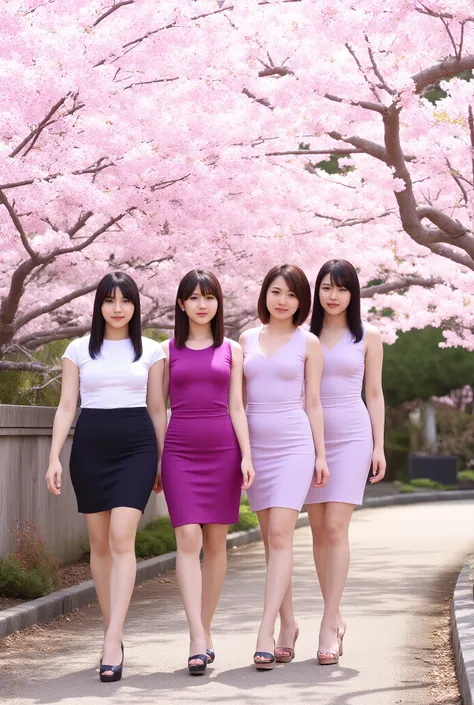 4 Japanese women in their 20s are shown side by side,Beautiful woman with a thin waist with good style,g cup,show me my cleavage,sleeveless top with cups perfect for a light purple v-neck body line,a fairly short beige pencil miniskirt that hides her under...