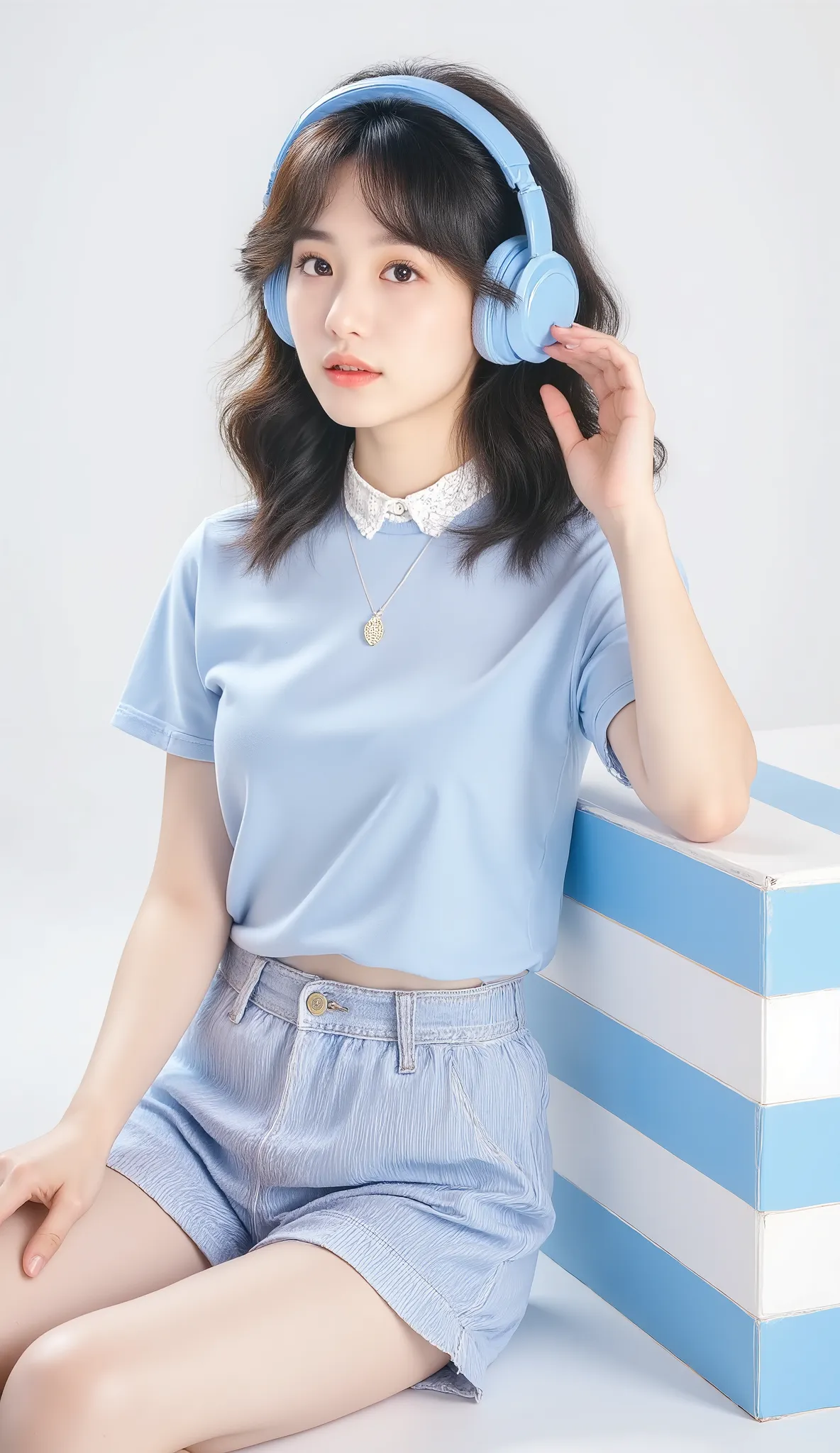  A cute Korean-style Thai model, a young Asian woman with short black hair, wearing a light blue t-shirt and blue and white striped shorts, sitting on the floor leaning against a blue and white striped block, with large bright blue headphones on her head, ...