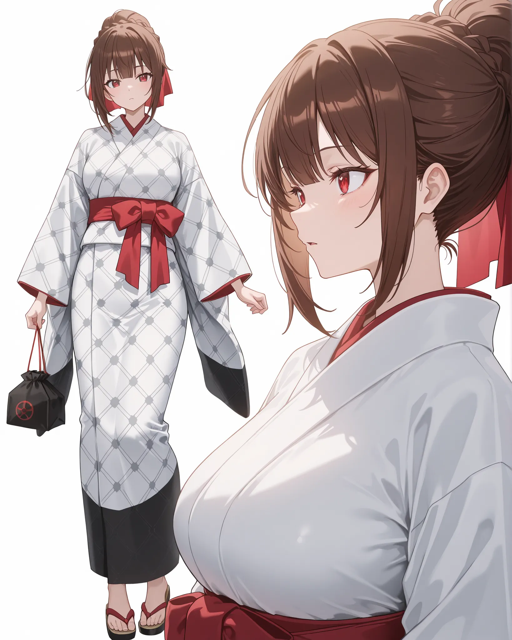 I'm the Evil Lord of an Intergalactic Empire!'den Amagi, brown Hair color from KonoSuba, red eyes, 1girl, masterpiece, en iyi kalite, high-resolution, patterned white kimono outfit, White kimono outfit with bow at the waist, black Japanese sandals, ayakta ...