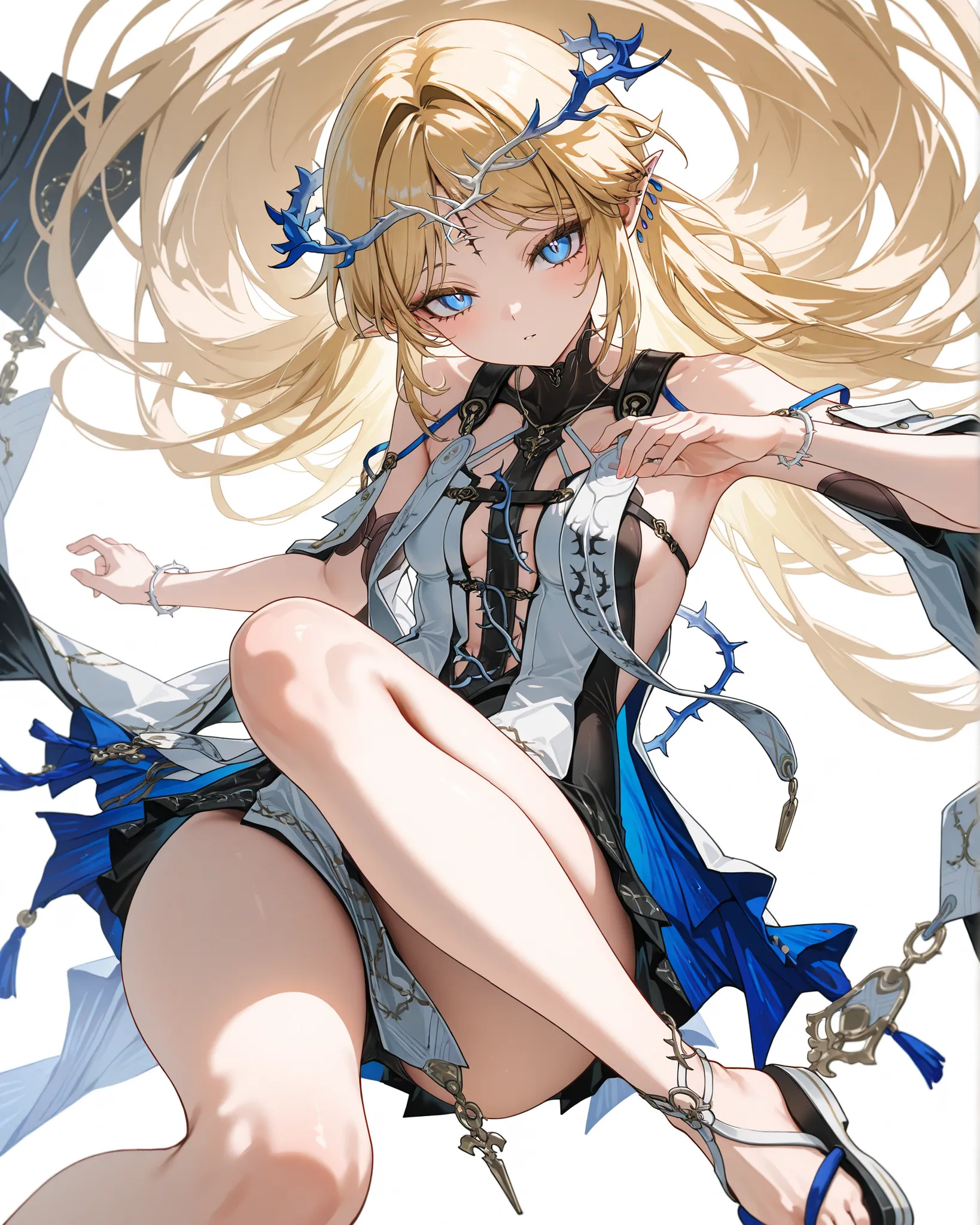 Wuthering Waves'den Cartethyia, yellow Hair color, blue eyes, Crown of thorns, 1girl, masterpiece, en iyi kalite, high-resolution, patterned white kimono outfit, White kimono outfit with bow at the waist, black Japanese sandals, ayakta poz, mutlu ifade, lo...