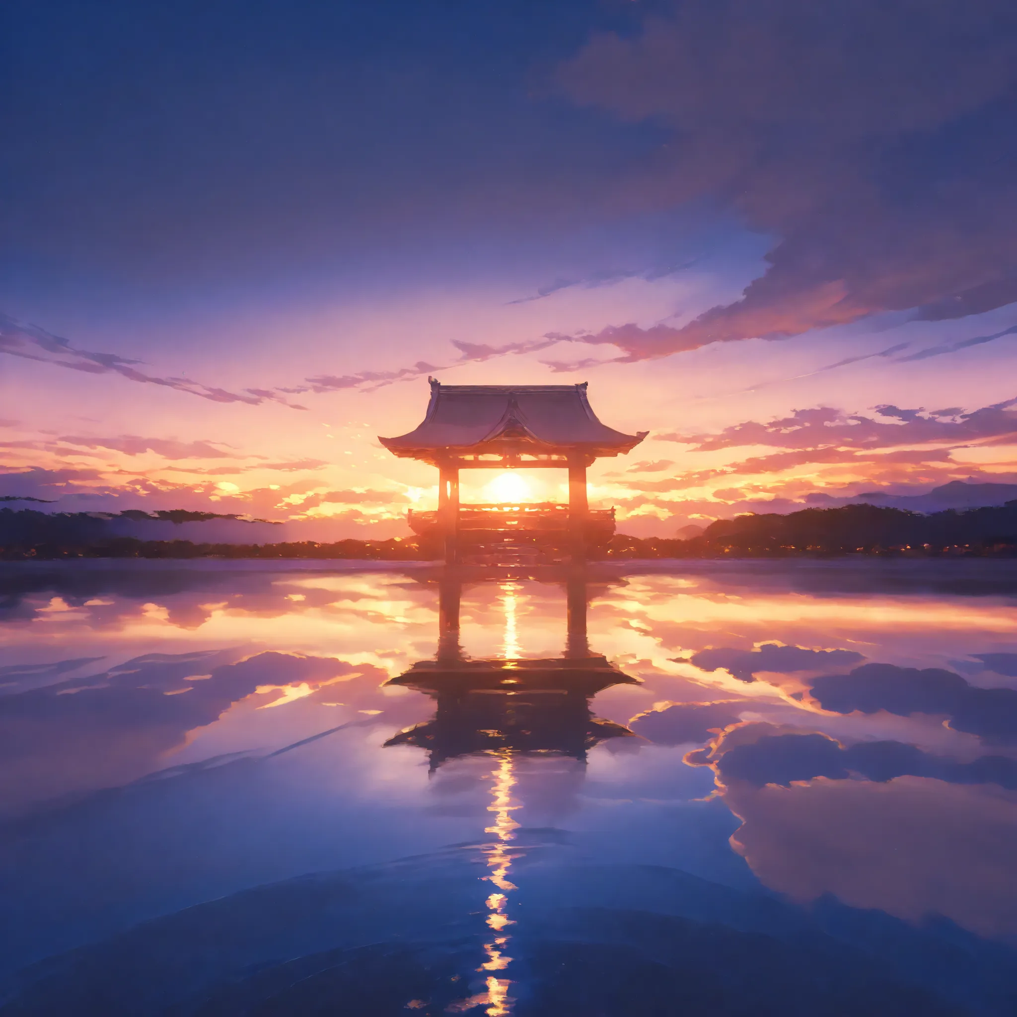 masterpiece, top quality, Still Images, cloud, Bright, happy, warm and soft lighting, Mellow, fantasy filmed with a Nikon Z7 II mirrorless camera,Japanese、  background only、、Floating on the lake、small shrine、the end is shining