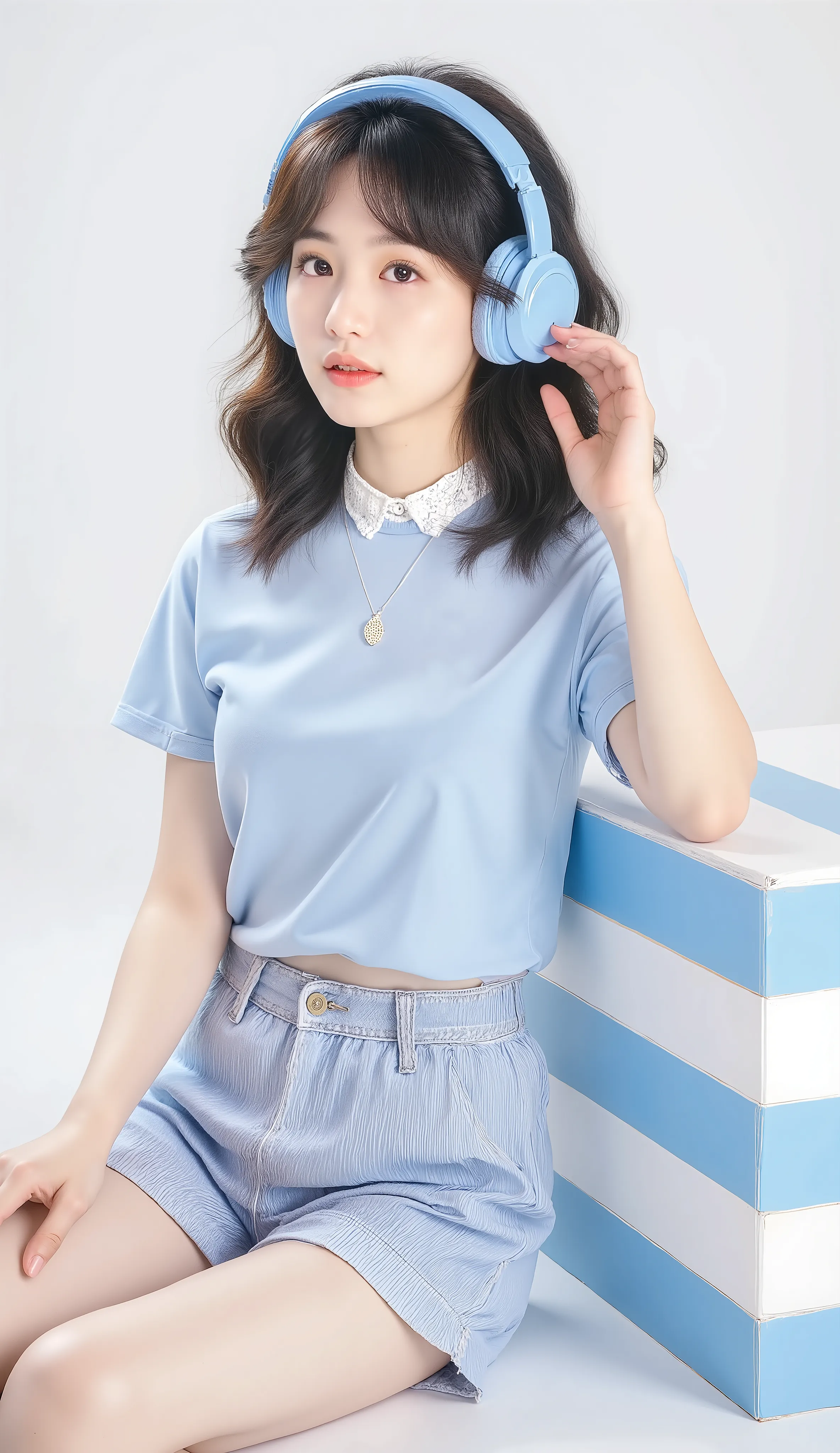  A cute Korean-style Thai model, a young Asian woman with short black hair, wearing a light blue t-shirt and blue and white striped shorts, sitting on the floor leaning against a blue and white striped block, with large bright blue headphones on her head, ...