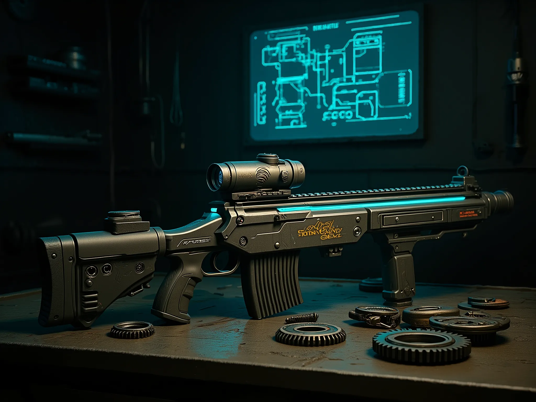 A long hard sci-fi mass driver sniper gun resting on a rugged industrial workbench. It features a reinforced squared barrel with multi-segmented electromagnetic coils, wrapped in micro-grooved graphene heat fins, faint blue glow tracing the coil lines. Com...