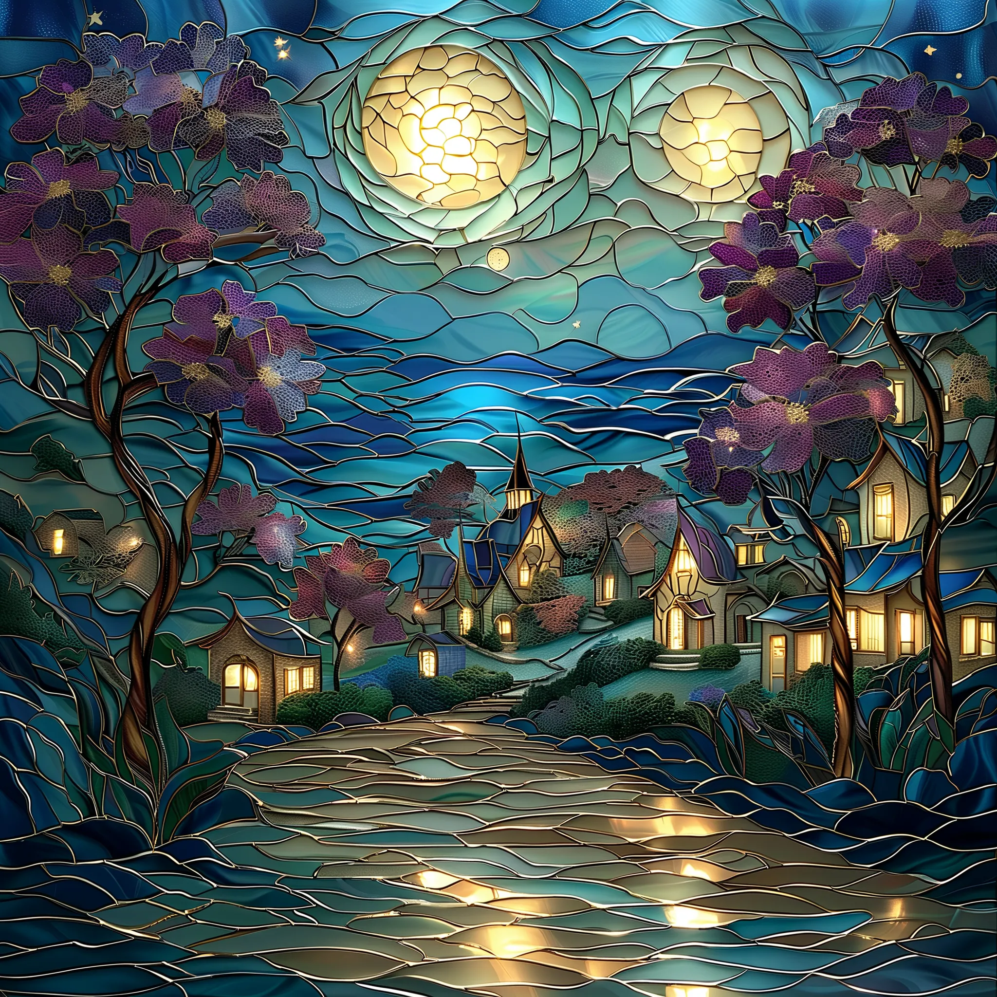 Blue and purple patterns shining、Semi-transparent glass cherry blossoms, Flying through a starry night sky, Petals shining with neon lights, Magical starscape in the background, super realistic, Cinematic fantasy lighting,Smooth