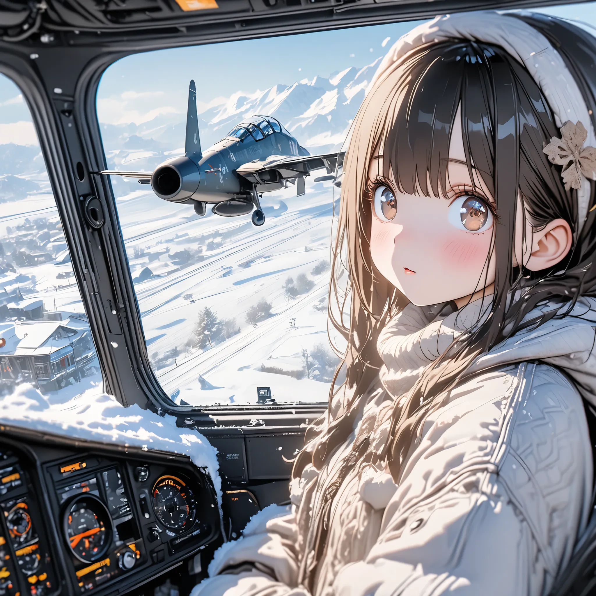 Super Details, 8k, Nice, Bright,cute girl、long black hair、brown eyes、Beautiful eyes、 Snow Scenery 、Fighter plane in the background