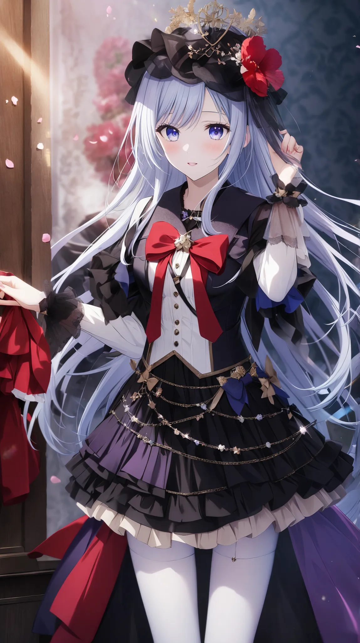 Anime style, Hanekawa Tsubasa lookalike, popular idol style that looks good in 新撰組の服装(best quality), (beautiful and detailed face), (beautiful and detailed eyes), (beautiful and beautiful hands), (high quality CG), white skin ((8k_wallpaper)), lens flare, ...