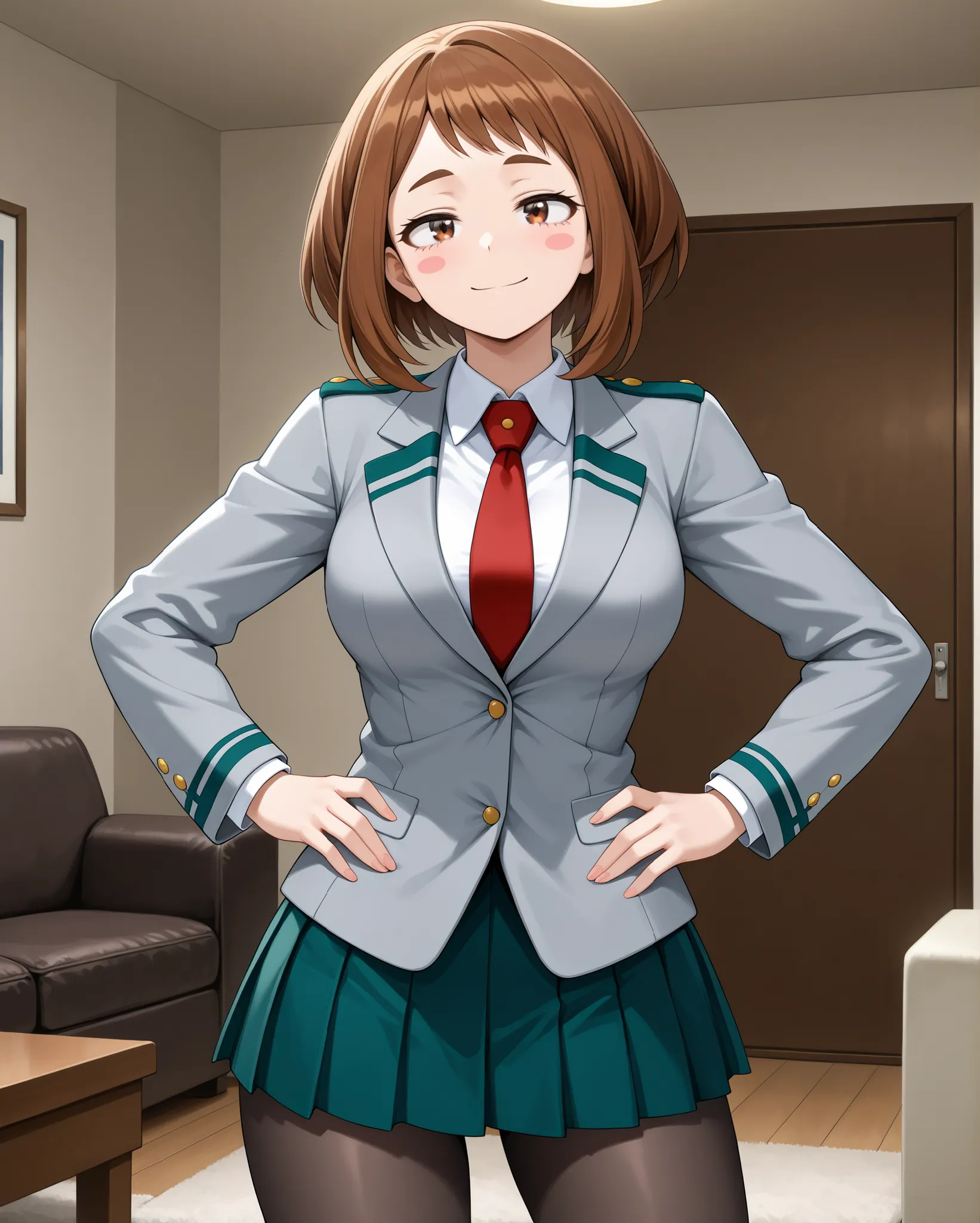 (open eyes, eyes wide open, happy, neutral expression, 
hands on hips, standing, standing straight, front view, cowboy shot, head, thighs,) large breasts, 

	Ochako Uraraka \My hero academia\, 
brown hair, brown eyes, short hair, blush stickers, medium bre...