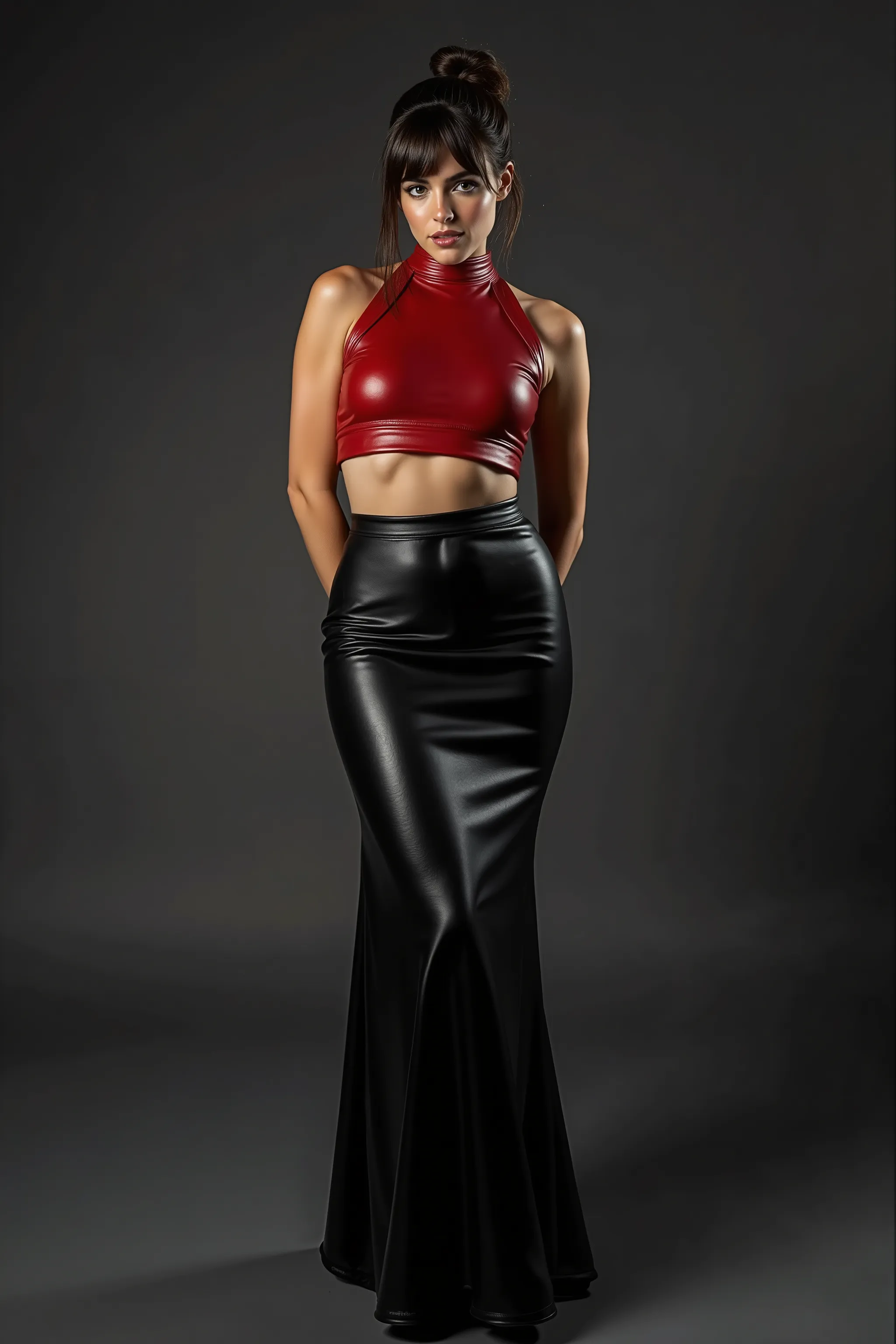 Leah Ray, woman wearing a crimson leather turtleneck halter crop top and a black leather maxiskirt, dark grey natural studio background, studio lights behind her her pointing towards her