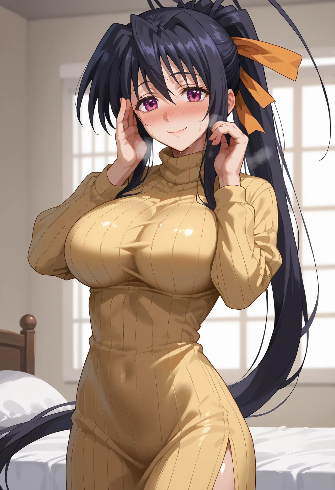 Anime source, Tall girl, Fit girl,score_9, score_8_up, score_7_up, score_6_up, uncensored, akenohimejima, akeno himejima, long hair, black hair, ribbon, very long hair, purple eyes, hair ribbon, ponytail, antenna hair,,,,,, seductive smile, blush, heavy br...