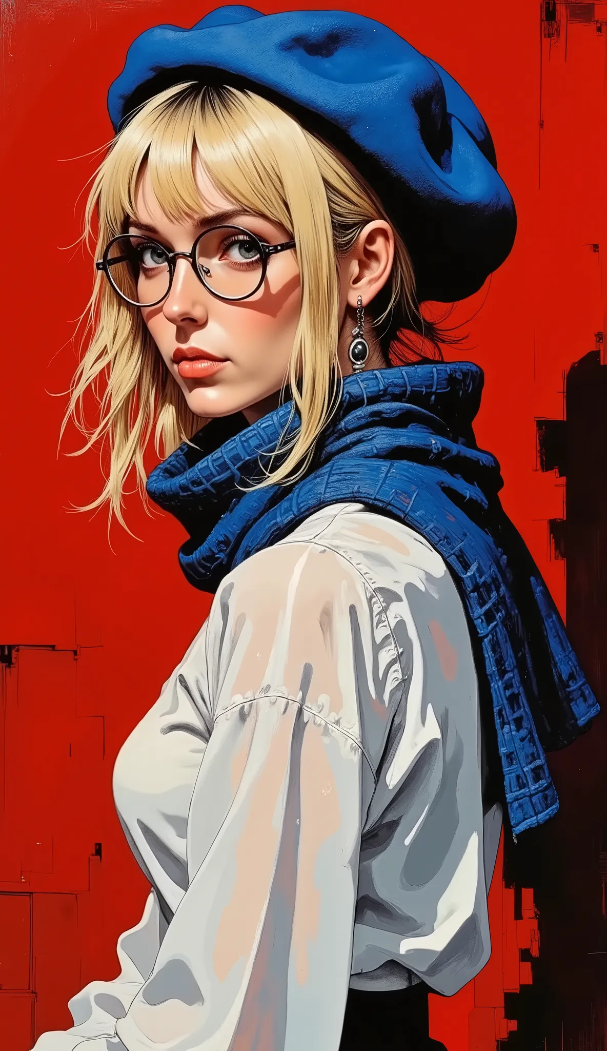(masterpiece), ultra-detailed portrait in the style of Vermeer’s "Girl with a Pearl Earring"  
a woman resembling Claudia Schiffer poses in three-quarter view, turning gently toward the viewer with a soft, enigmatic expression  
instead of the traditional ...
