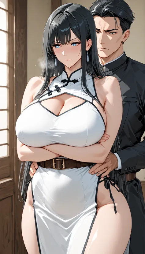 anime character, attractive woman, Milf,  ((completely straight hair)), long dark gray hair, with fringe framing her face, light blue eyes, expression of leadership, leadership look, perfect profiled face, intense look,  cold expression , Wears a dark form...