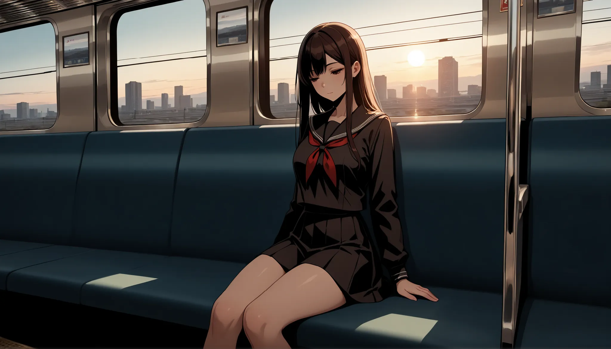 top quality, 8K, 4K, high res, high contrast,1girl, Japanese Women, is sitting on a train seat、The morning sun shines, school uniform, short skirt, beautiful dark brown long straight hair sitting on a train seat and closing her eyes,(beautiful face with at...