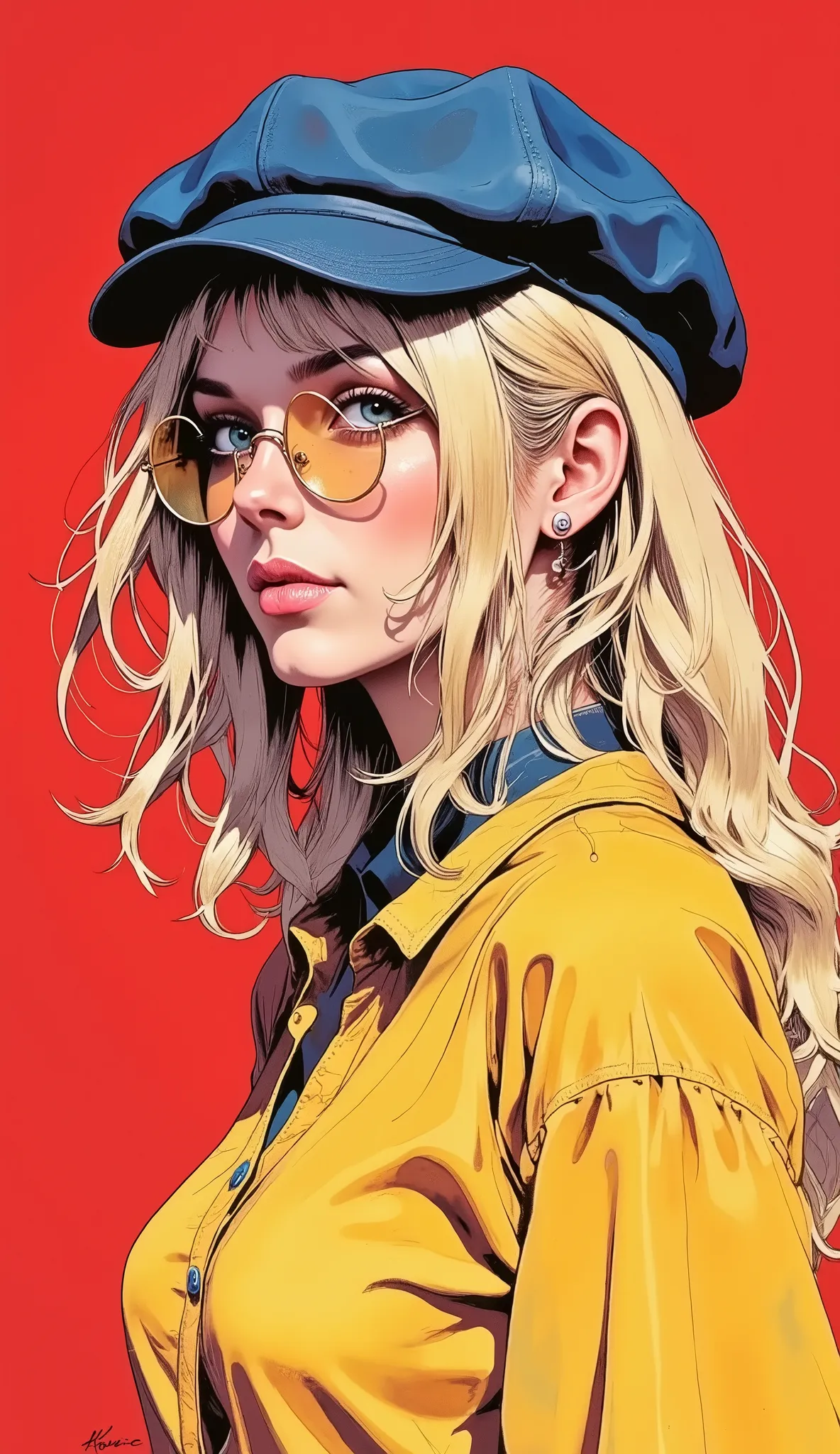 (masterpiece), ultra-detailed, Beautiful watercolor portrait of a blonde woman, blue eyes, (((face inspired by Claudia Schiffer))), looks towards the camera like Girl with a Pearl Earring by Johannes Vermeer, wears a newsboy cap and round gold-framed glass...