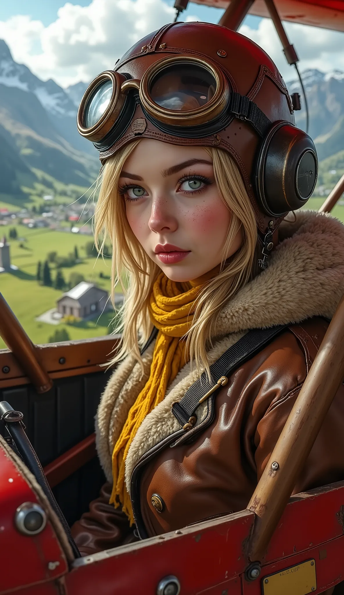 (Soft Lighting Photography by Mimoza Veliu and Mario Giacomelli:1.2), NSFW, a beautiful sexy female pilot sitting in the cockpit of her old timey biplane. She's wearing an old time leather helmet with goggles, a brown aviators jacket with a fluffy collar a...