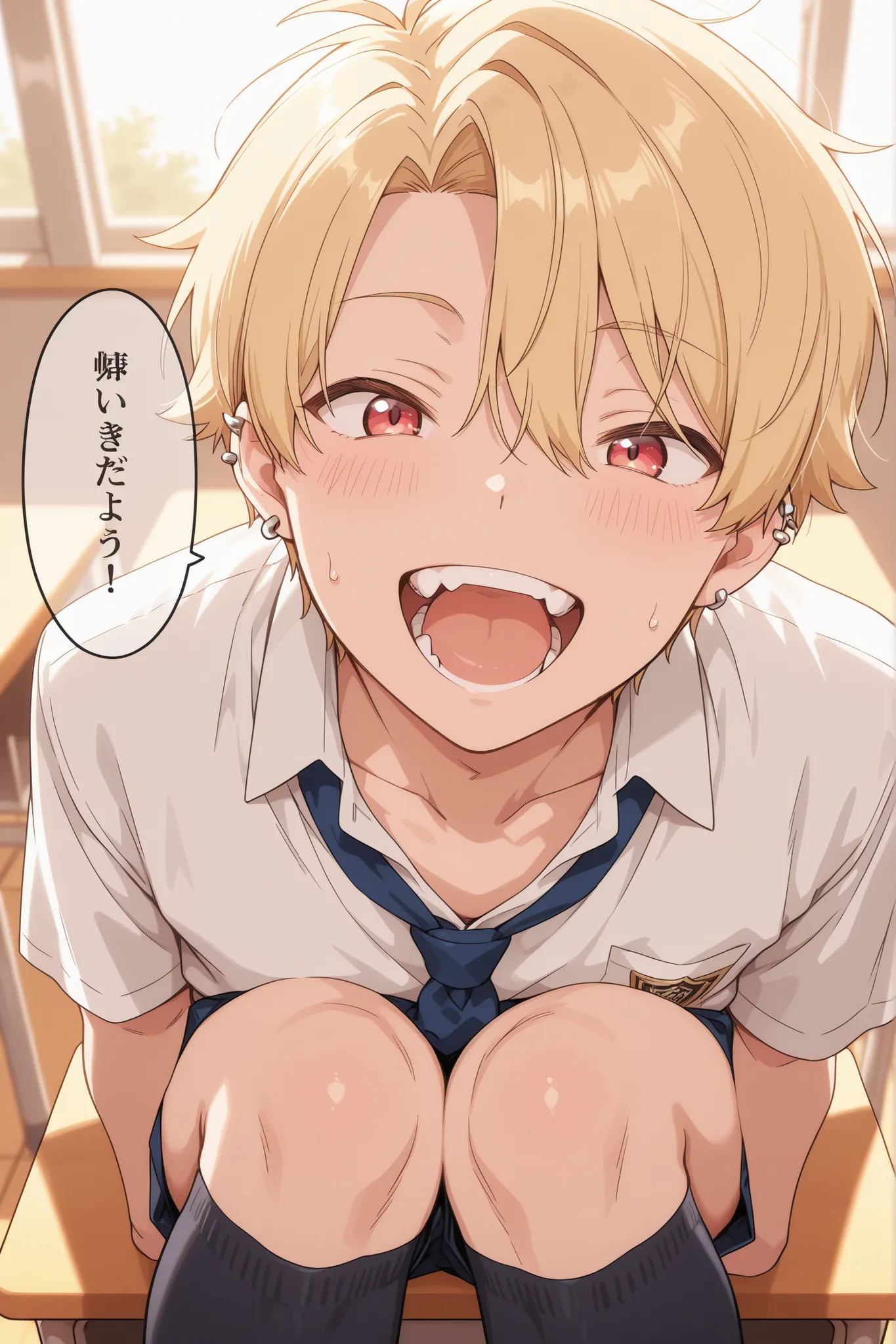 I'm drawing a bad boy。a student boy who is blond, has double teeth, and has pierced ears、I'm inviting a man on my school desk