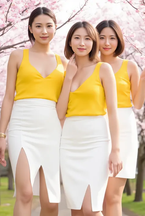 3 Japanese Beauties in Their 20s,3 people walk side by side through cherry blossom trees,3 beautiful women with a thin waist with good style,H cup,Nipples are not visible,I won't show,deep v-neck,yellow sleeveless tops that fit the body line,Unflinching,Pr...