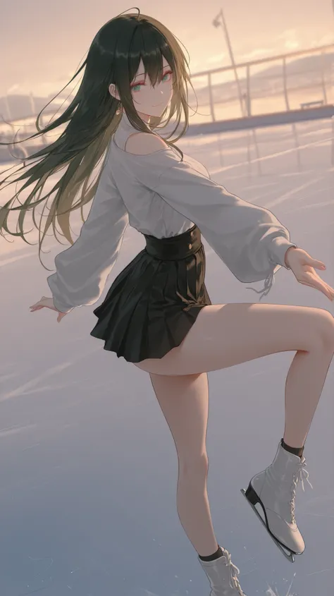 dark_art_style,artist:kazutake_hazano, artist:danimaru,[artist:ask_(askzy)], artist:wanke, artist:wlop, artist:fujiyama, artisit:yuyu_(yuyuworks)，artist:hiten_(hitenkei),atrisit:dishwasher1910,
完美品质, 超高清, 精良制作, 1girl, ice skating pose, 黑丝顺滑发{1.3},单马尾,  {天空...