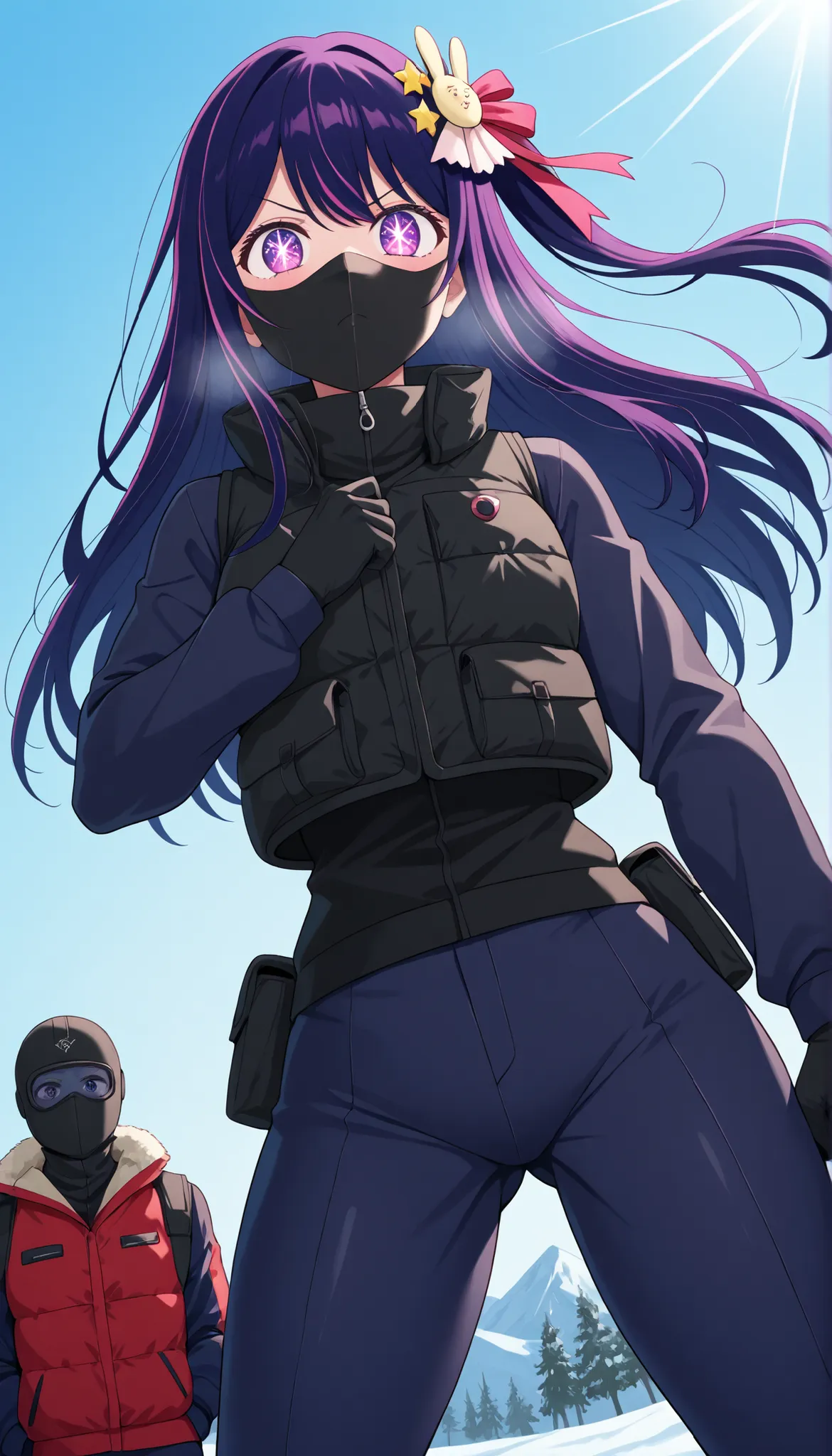 score_9, score_8_up, score_7_up,source_anime,BREAK, hoshino_ai_oshi_no_ko, <lora:hoshino_ai_oshi_no_ko:1> super deapdan serious mean, ski mask, black down vest,puffer vest, black gloves , dynamic rap deictic postures
