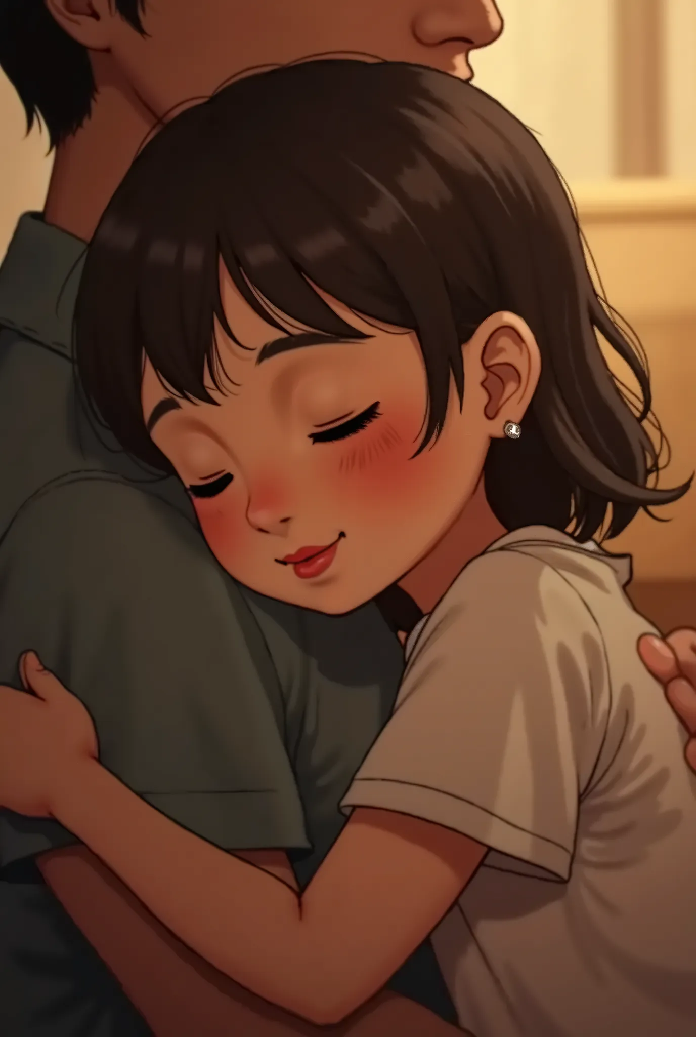 35 year old mom ,affectionately,cuddling ,with her 16year old son,in modern bedroom ,motherly,snuggling 