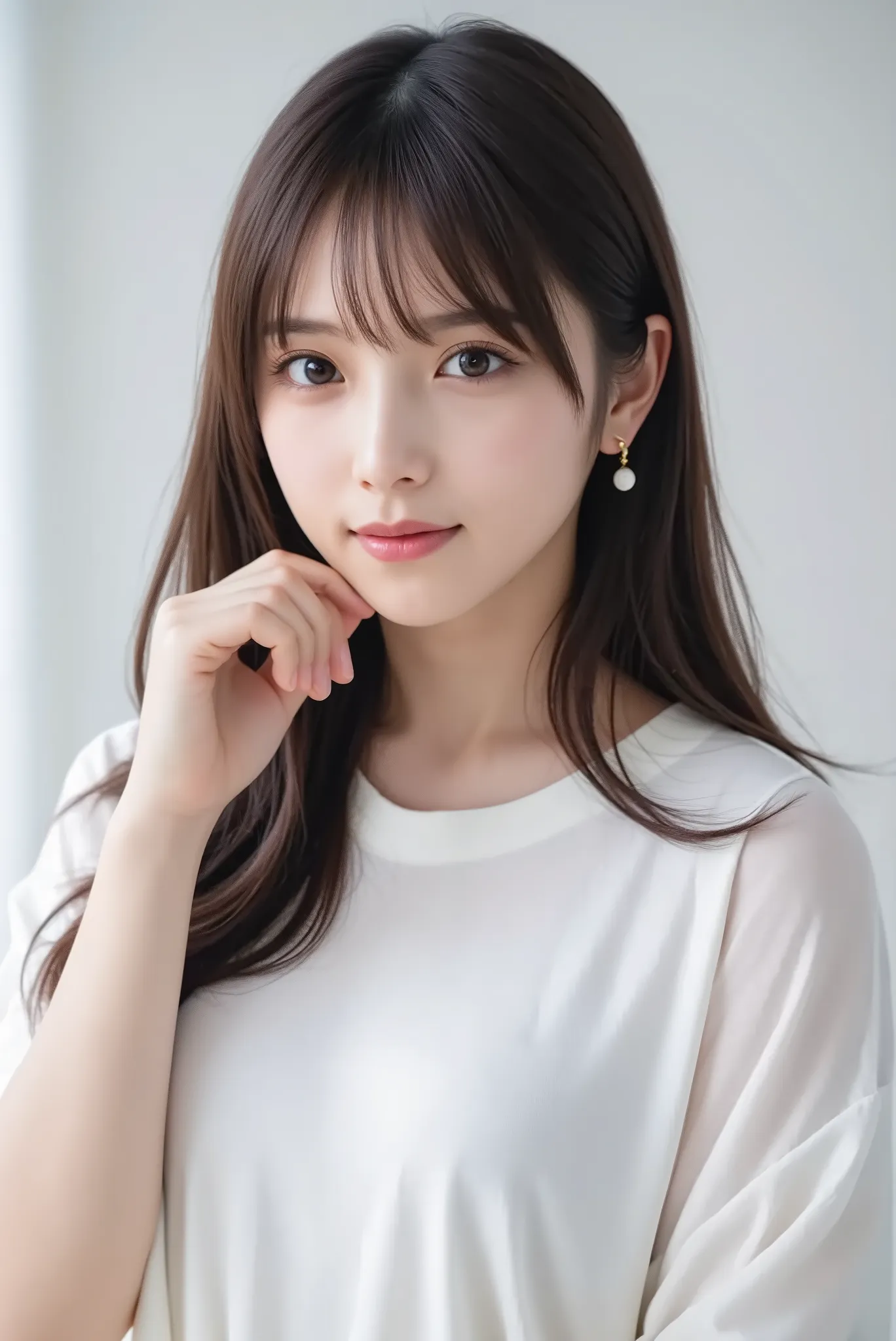 19 year old girl {x} close-up of a long-haired woman in a white shirt, With a cute face, Beautiful and Delicate Face, cute delicate face, Yoshitomo Nara, Japanese model, Chiho, Cute girl, beautiful Japanese girl's face, Sakimi-chan, shikamimi, Beautiful fe...