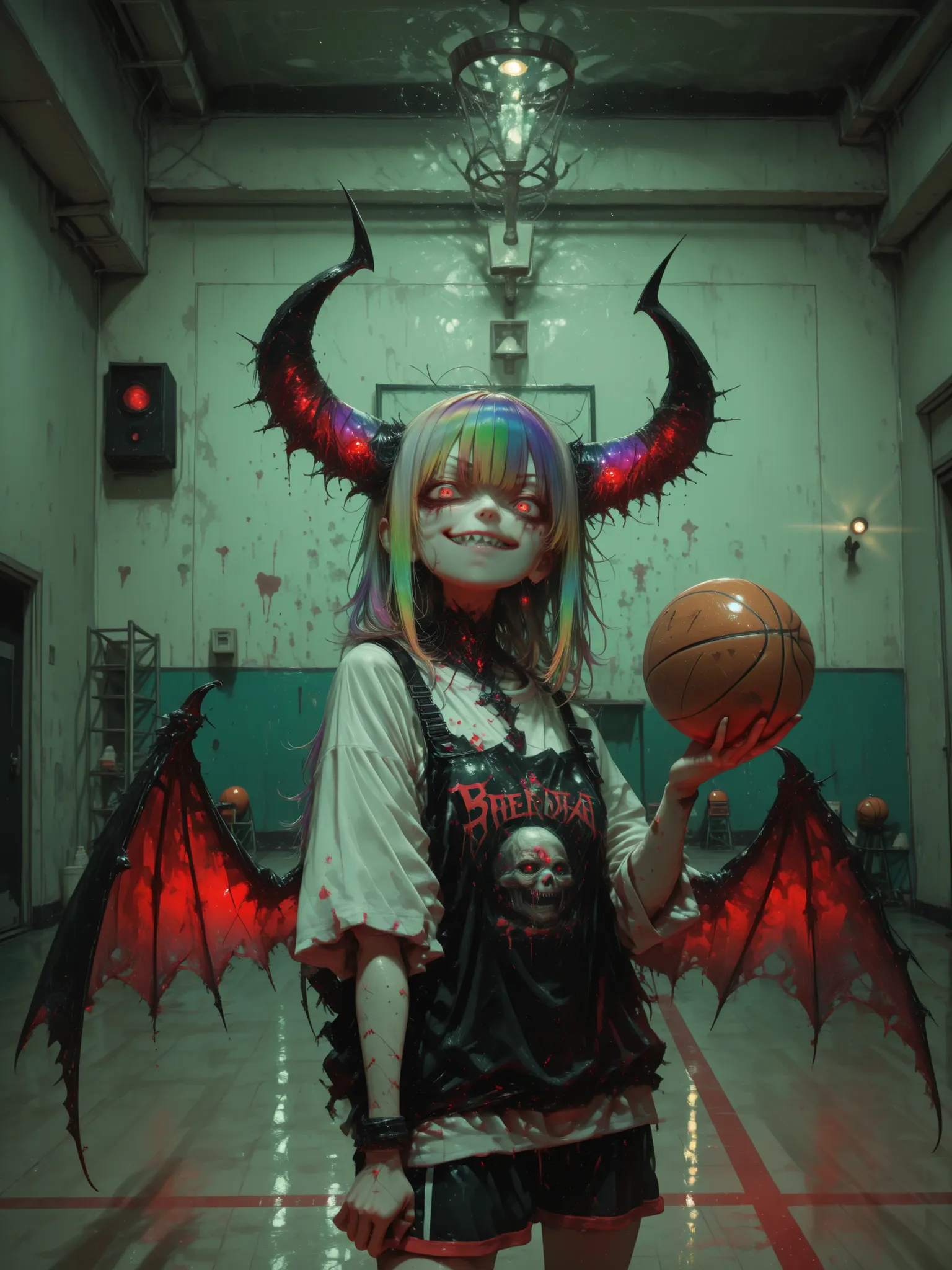 [topic]  screenshot from the movie  , creepy killer from the dark|
[character] A woman with curled rainbow horns, the killer behind her, Huge bat wings.
[action] serious expression, a majestic standing figure、smirk, sharp teeth, holds a basketball in the g...