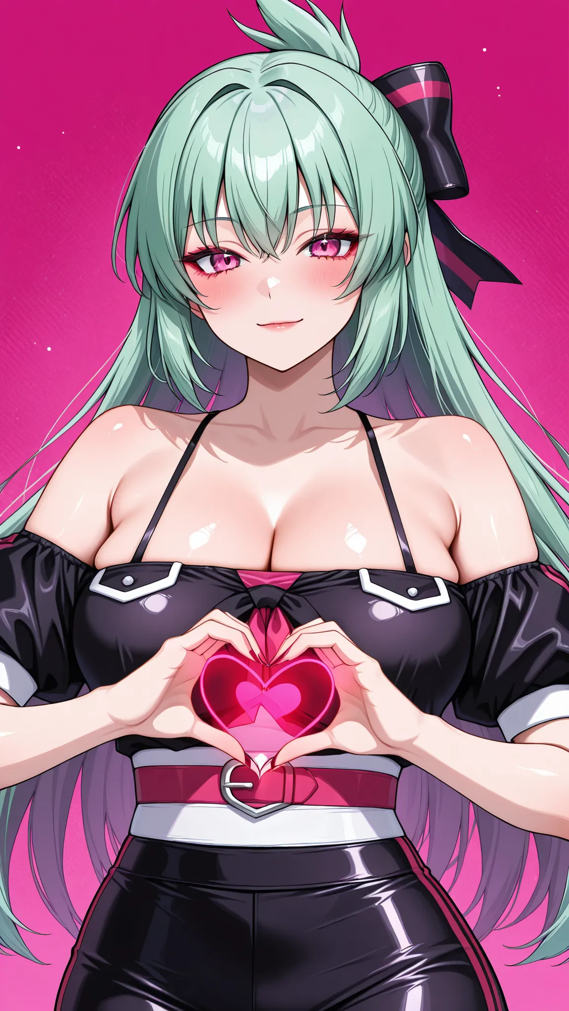 solo, kanzaki_saya,  mature woman, Tight waist、Small waist、shiny Skin , (cute succubus, succubus cosplay) sexy, off shoulder, upper body, light smile, Moe Moe Ekyun、Heart in hands