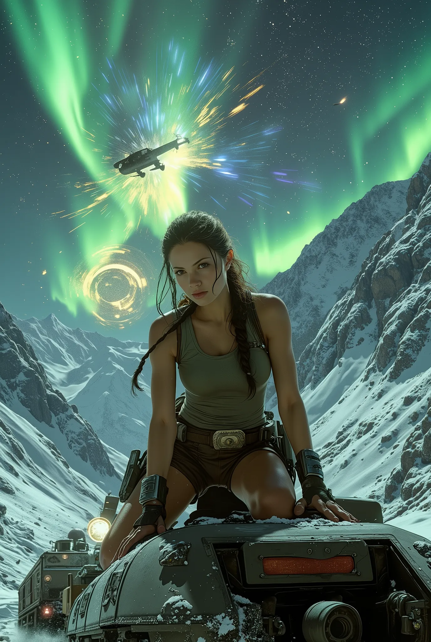 Ultra-realistic cinematic artwork of Lara Croft kneeling on top of a speeding armored train racing through a snowy Himalayan canyon at night. She is in her iconic outfit — tight green tank top, brown shorts, fingerless gloves, leather boots, and dual pisto...