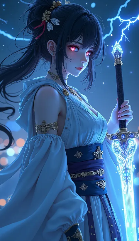Beautiful Anime Girl,Handheld Flashing Sword,Standing in the Night Sky的Nihon Raijin和Lightning Goddess 之下,周圍環境為 digital fantasy art 風格的場景,整體呈現出一種Cyberpunk Samurai的氣質,Maya Ali扮演著Lightning Mage的角色,The whole scene is like a style of epic fantasy art,Cinematic ...