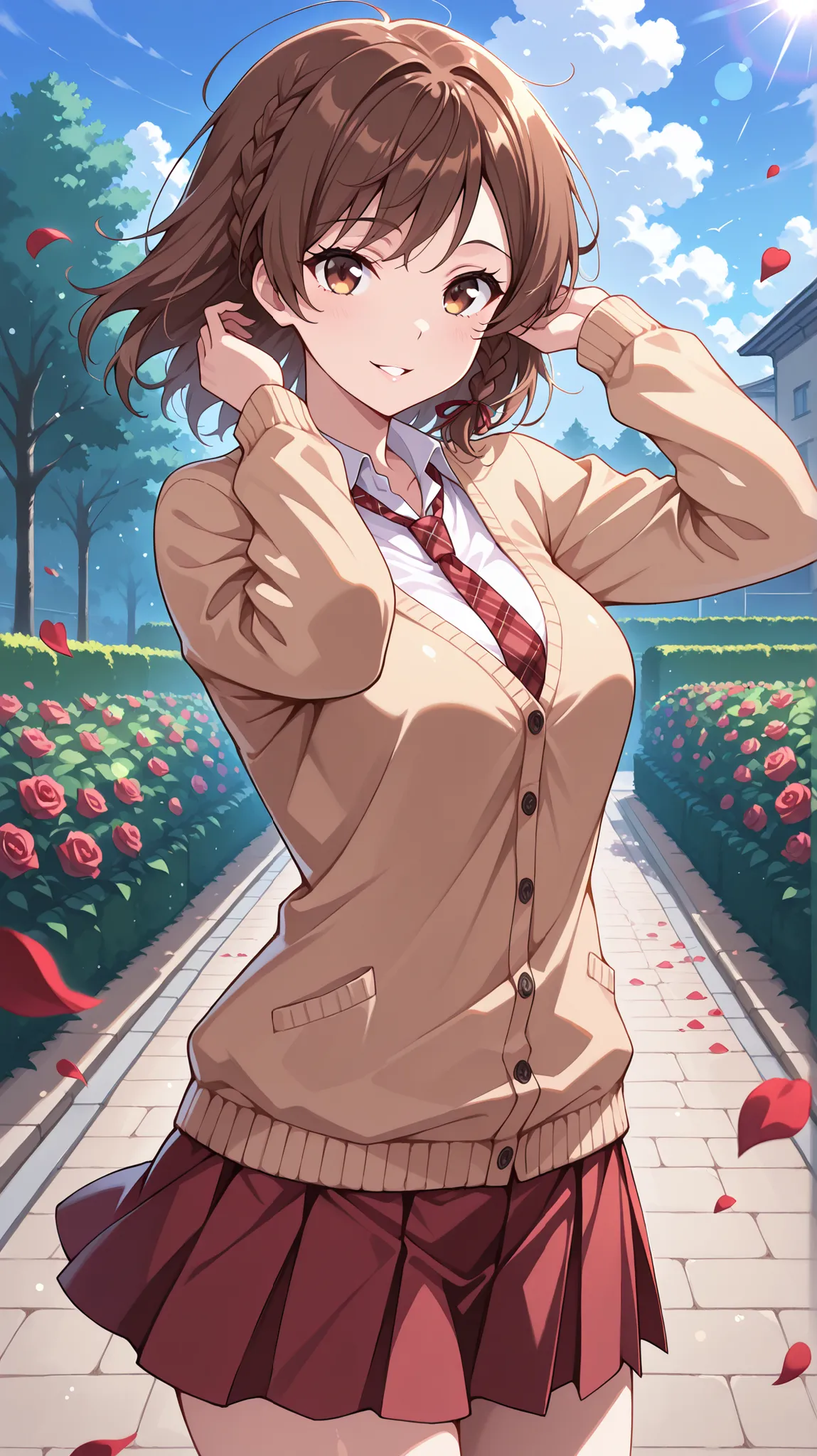 Masterpiece, high detail, very hd, best quality, semirealistis, ray trecing, solo, 1girl, detail face, detail hair,akanesak, brown eyes, short brown hair, side_braid ,curvy,,looking at viewer, medium breasts, beautiful, beautiful body ,perfect body,parted ...