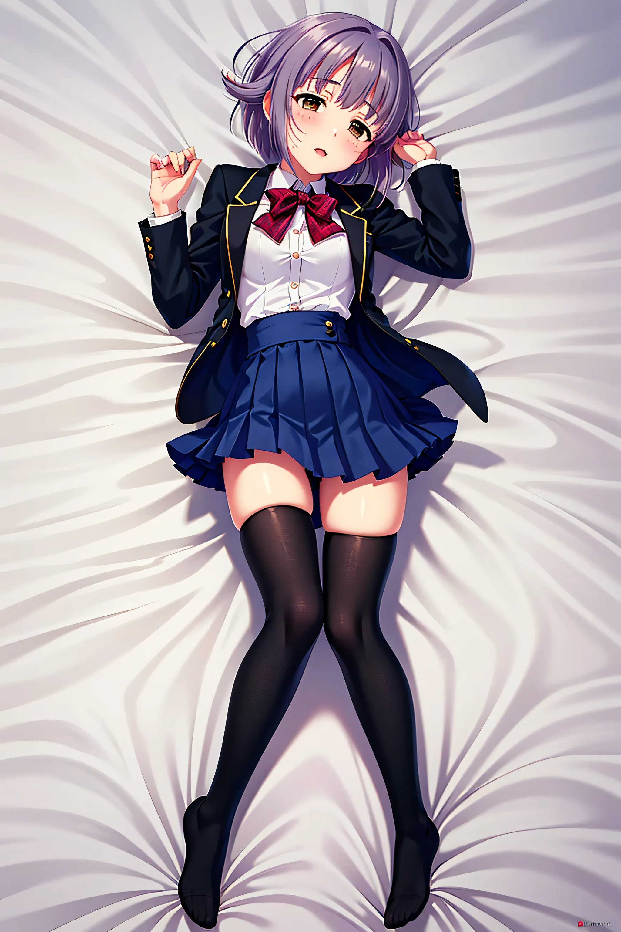 1girl, Koshimizu Sachiko, light purple hair, brown eyes, school uniform, black tights, blazer after face, miniskirt, white sheets, Lie on your back, Full Body, Seducing Men, Embarrassing, Red cheeks, High Waist