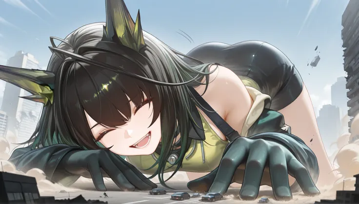 mon3tr \(personification\) \(arknights\), newest, absurdres, 1girl, giantess, city, absurdres, newest, 1girl, solo, is on all fours, Face Down, Trying to swing one hand down into the city, Woman Bigger Than a City, A powerful hand, Approaching Hand, Showin...