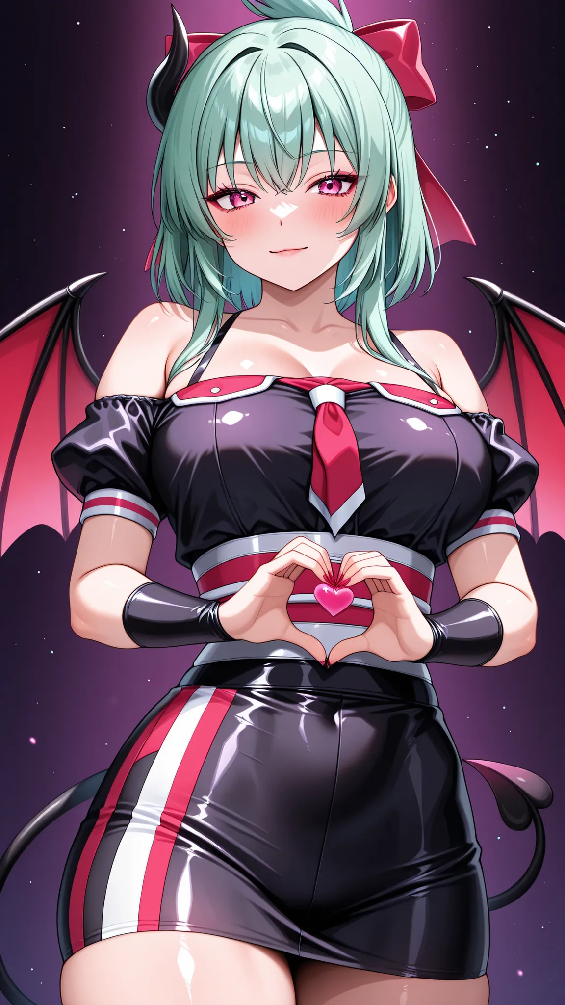 solo, kanzaki_saya,  mature woman, Tight waist、Small waist、shiny Skin , (cute succubus, succubus cosplay, devil wing) off shoulder, upper body, light smile, Moe Moe Ekyun、Heart in hands