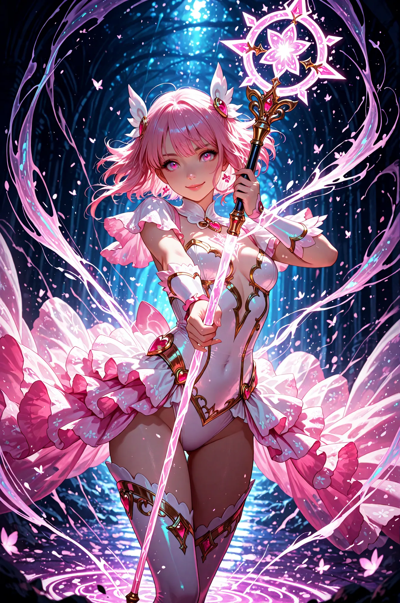 masterpiece,best quality,1girl,kawaii,solo,smiling,magical_girl,perfection style,long magic staff,magical energy,dynamic pose,colorful magic effects,glowing,dramatic lighting,vivid colors,vibrant colors,detailed face,beautiful eyes,beautiful lips,luminous ...