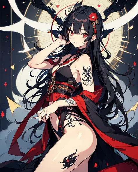 Japanese Women　black shorthair　Red Eyes　thin body　little devil　naughty smile with my long hair　Japanese Style Tattoos　Moonlight　fantastic background　top quality　masterpiece　anatomically correct composition　dynamic angle