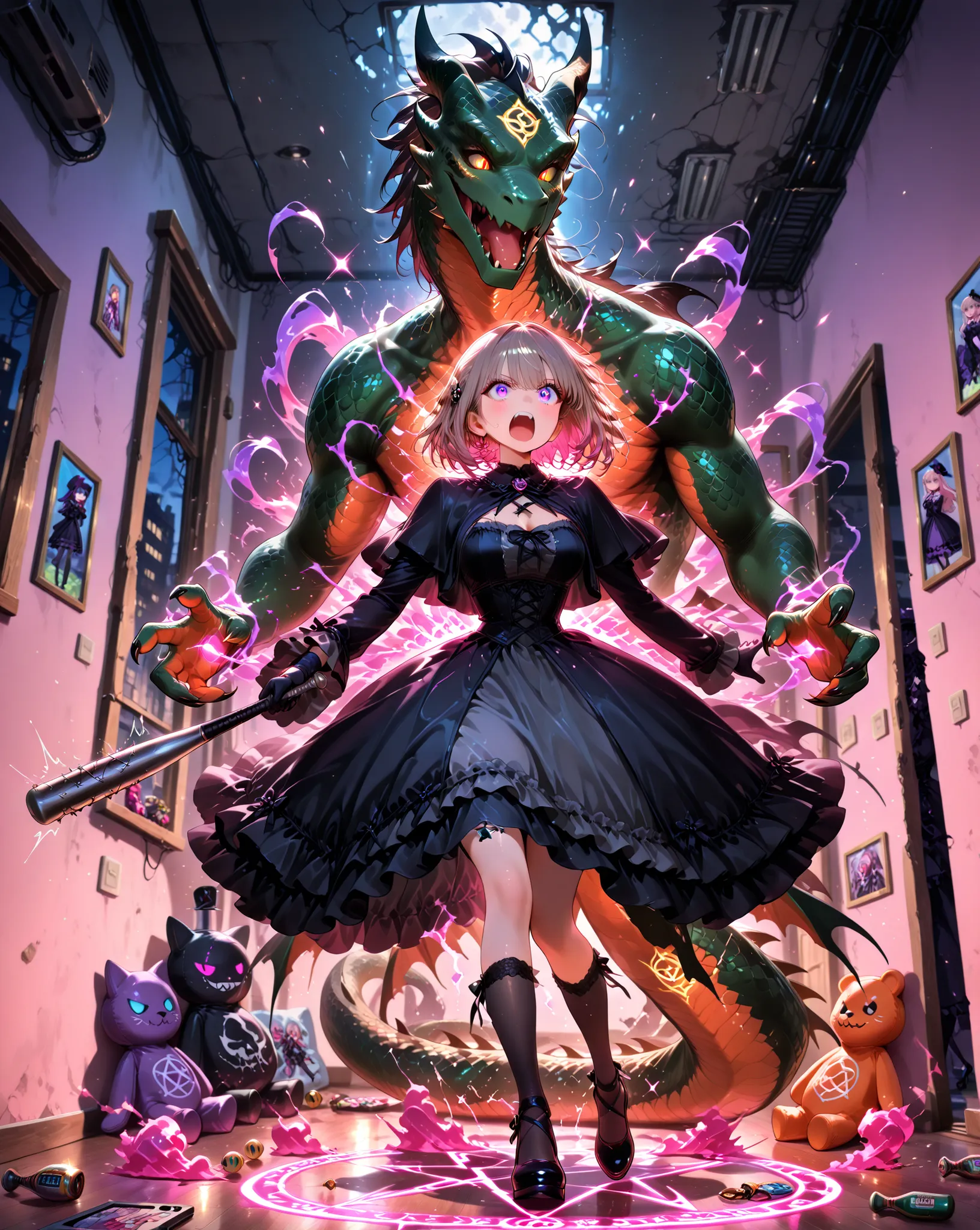 Masterpiece, high-detail anime illustration, explosive visual humor, vivid colors, chaotic layout.

In a destroyed apartment, a young brunette in an elegant gothic dress holds a baseball bat, ready to attack a serpent demon with an elongated body and shiny...