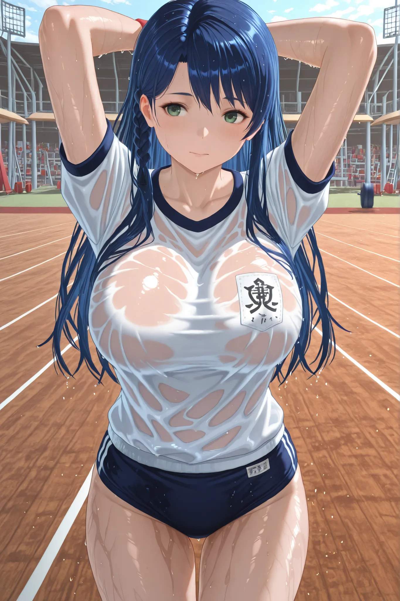 lobelia \(doax vv\),blue hair,green eyes,gym uniform,buruma,wet,
