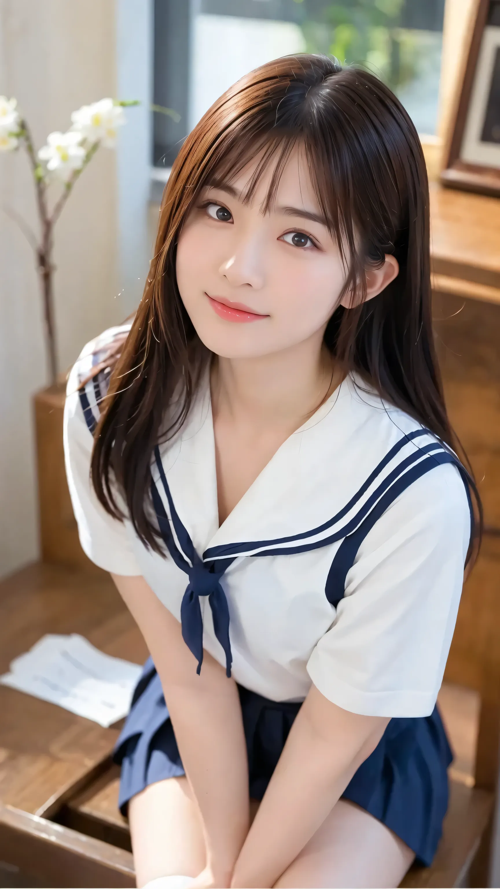 ((masterpiece)), (( top quality)), ( details), (( 非常にdetailsな)), 4K, (8k), top quality, ( beautiful ), anime style , upper body, focus on the whole body, in the classroom , cute woman, 1 woman 、 beautiful mature woman, Alone, ( sailor suit 、 plea...