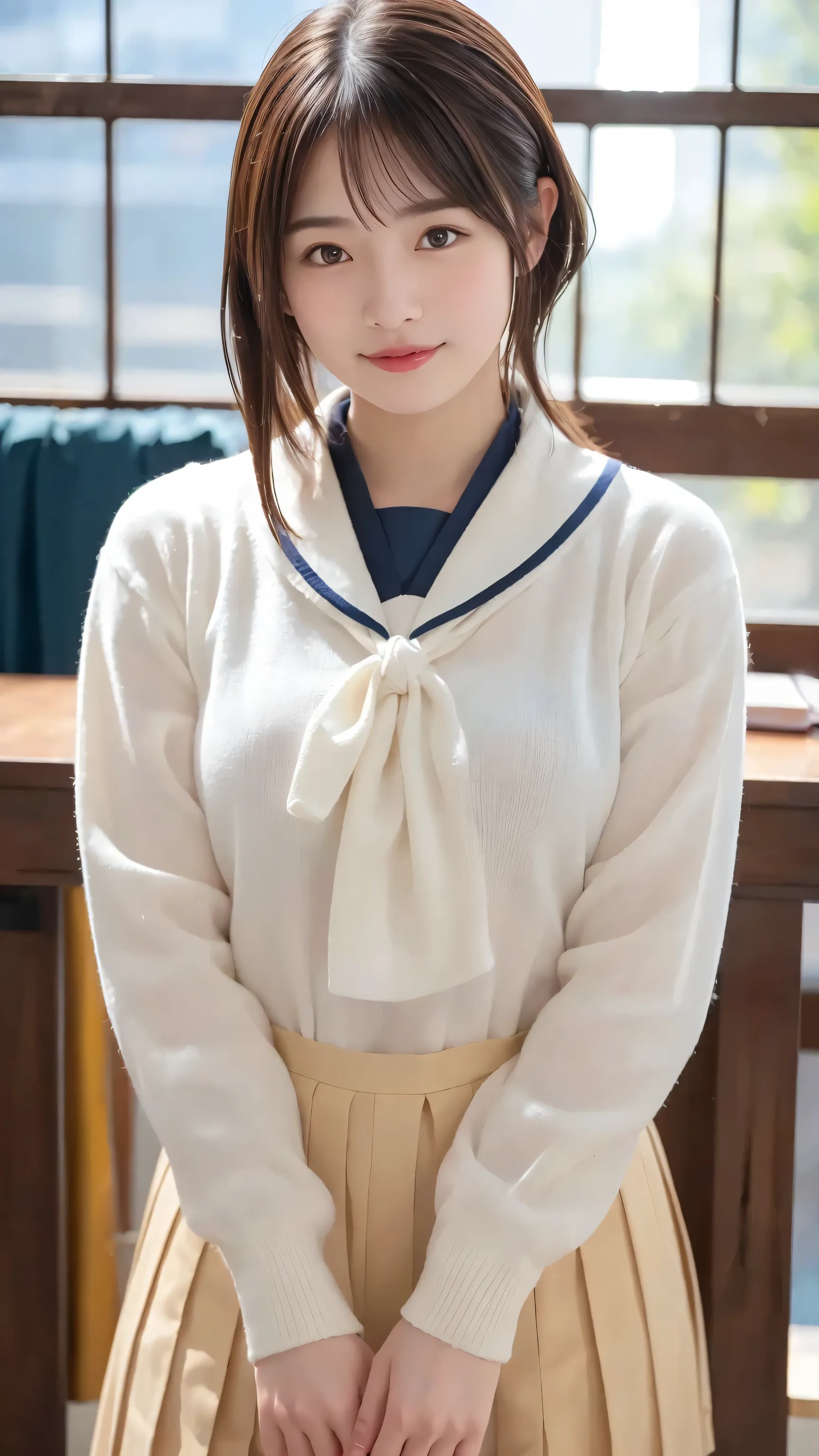 ((masterpiece)), (( top quality)), ( details), (( 非常にdetailsな)), 4K, (8k), top quality, ( beautiful ), anime style , upper body, focus on the whole body, in the classroom , cute woman, 1 woman 、 beautiful mature woman, Alone, ( sailor suit 、 plea...