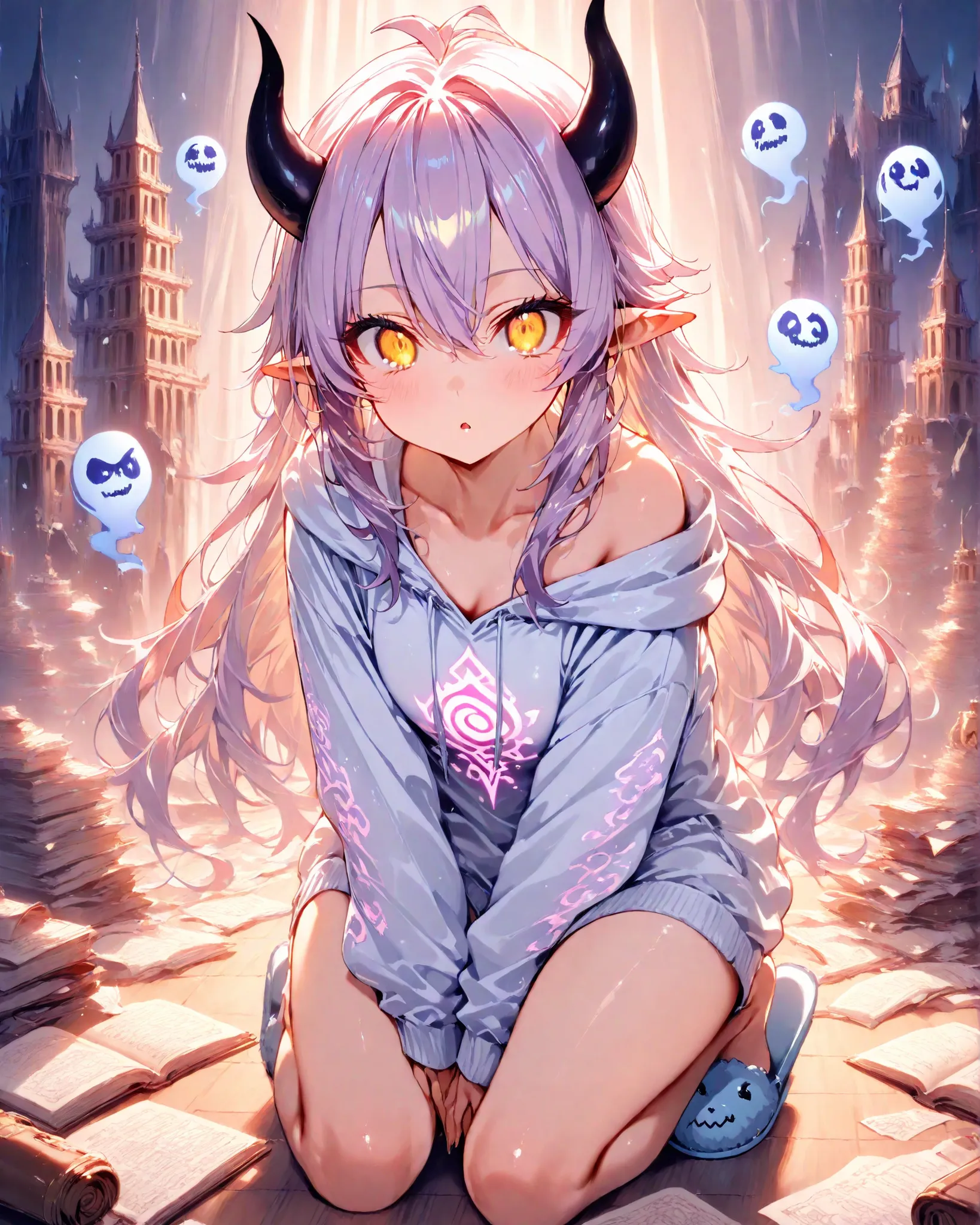 Masterpiece, anime style, 4K, warm lighting, comedy slice-of-life aesthetic.

A small, dark-skinned demon with pointy ears, large golden eyes, and long purple hair kneels on a pile of bills and invoices, her expression one of pure despair. She wears a bagg...